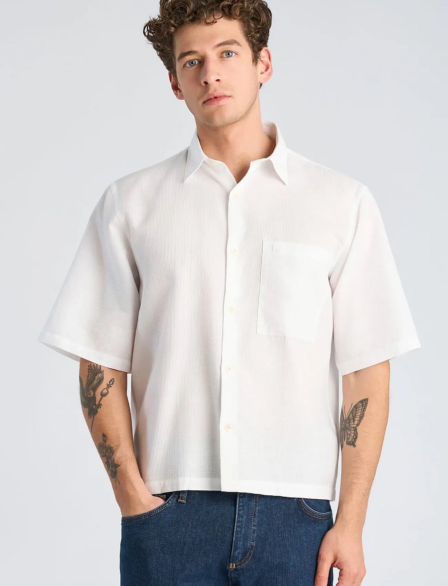 Lindbergh - Solid dobby cotton shirt S/S - short-sleeved shirts - white - 3
