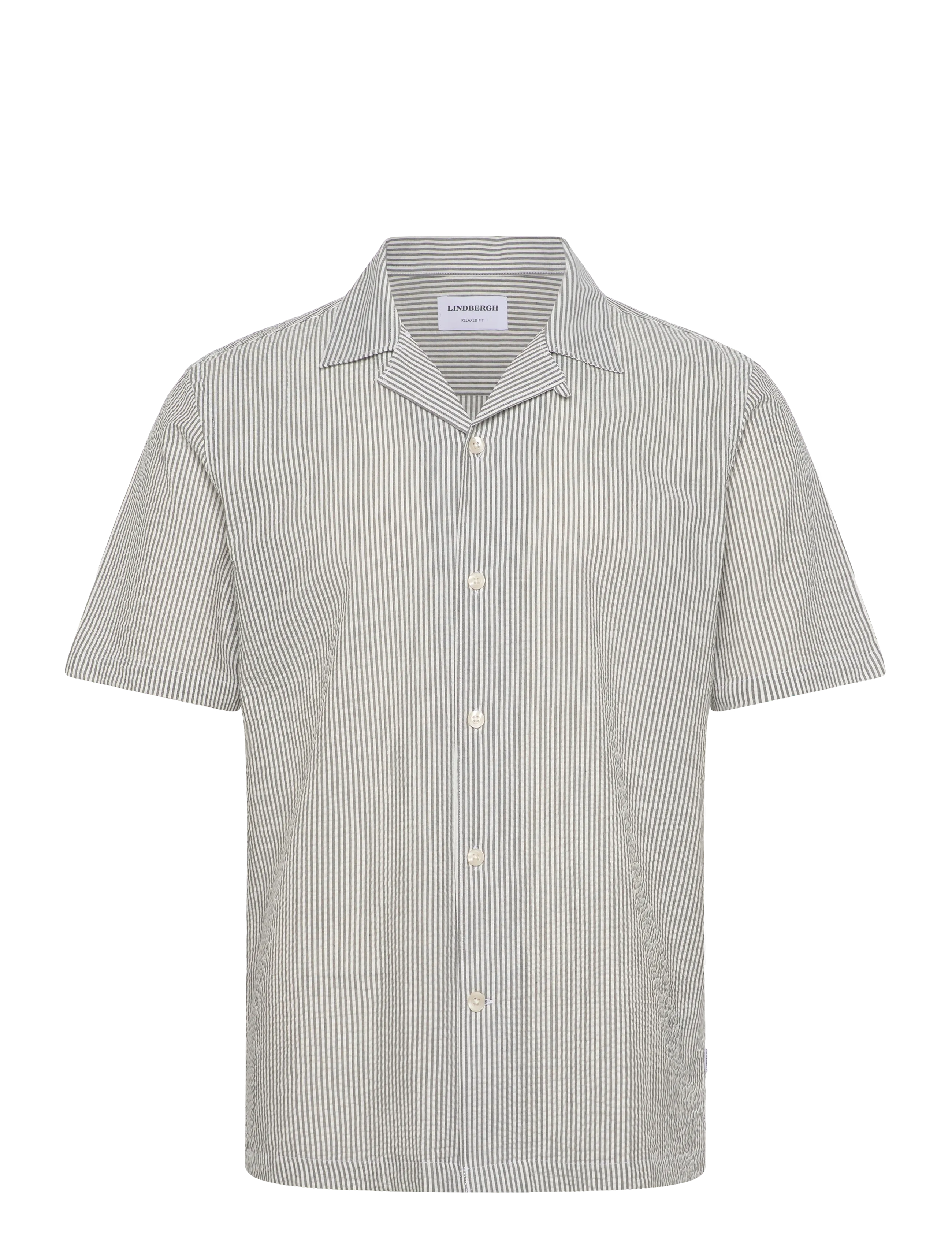 Lindbergh Striped seersucker resort shirt S/S - Vabaajasärgid - DK ARMY / green
