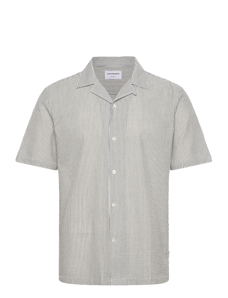 Lindbergh - Striped seersucker resort shirt S/S - stribede skjorter - dk army - 1