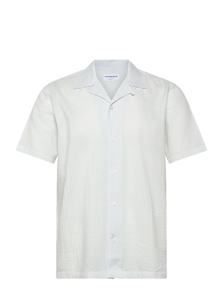 Lindbergh - Striped seersucker resort shirt S/S - stribede skjorter - lt blue - 1