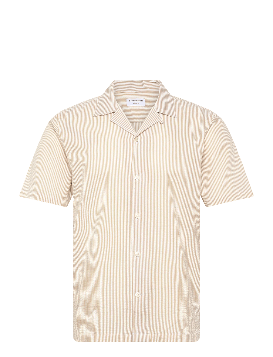 Lindbergh - Striped seersucker resort shirt S/S - stribede skjorter - sand - 1