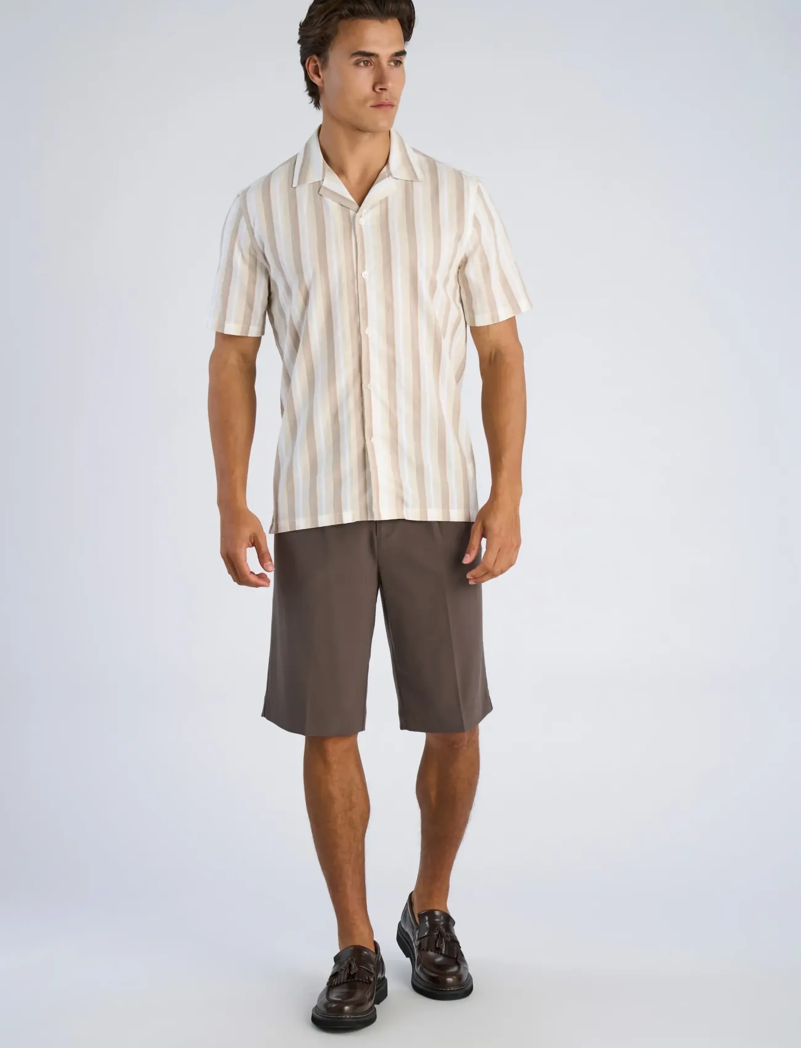 Lindbergh Multi striped shirt S/S - Shirts - LT STONE / beige