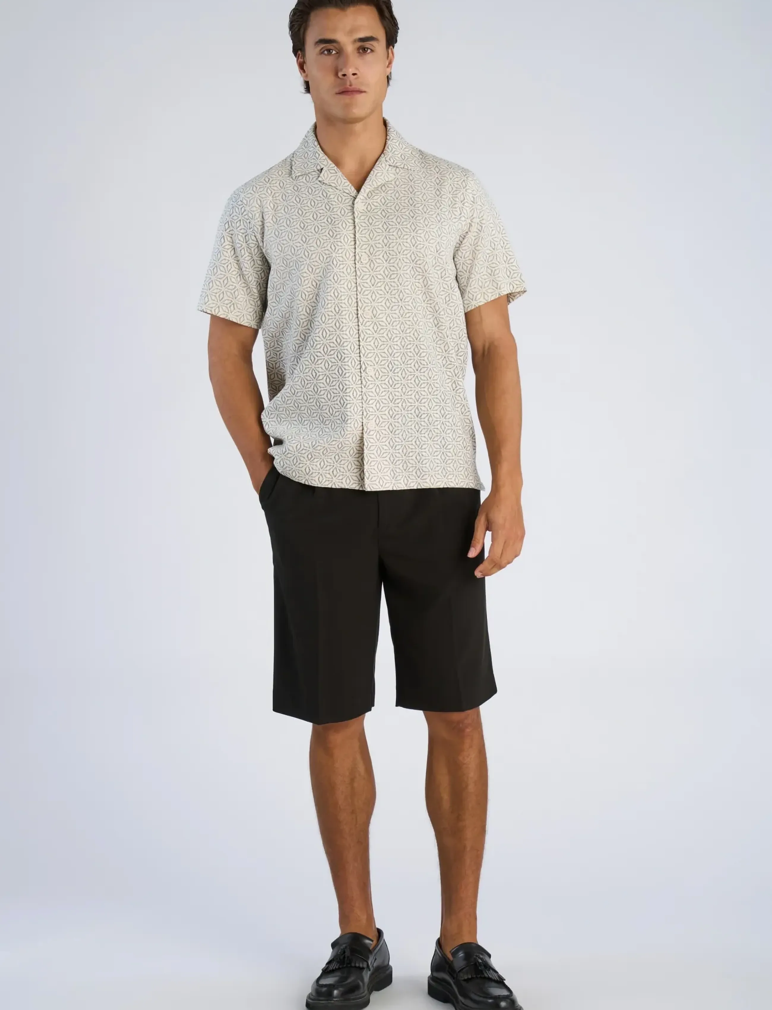 Lindbergh Two Color Structure Cotton/Linen Sh, Mænd, Kortærmet Camp Krave Skjorte, Cream, Str: S