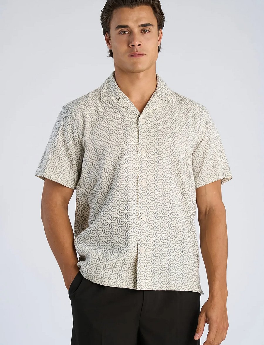 Lindbergh - Two color structure cotton/linen sh - kortärmade skjortor - off white - 3