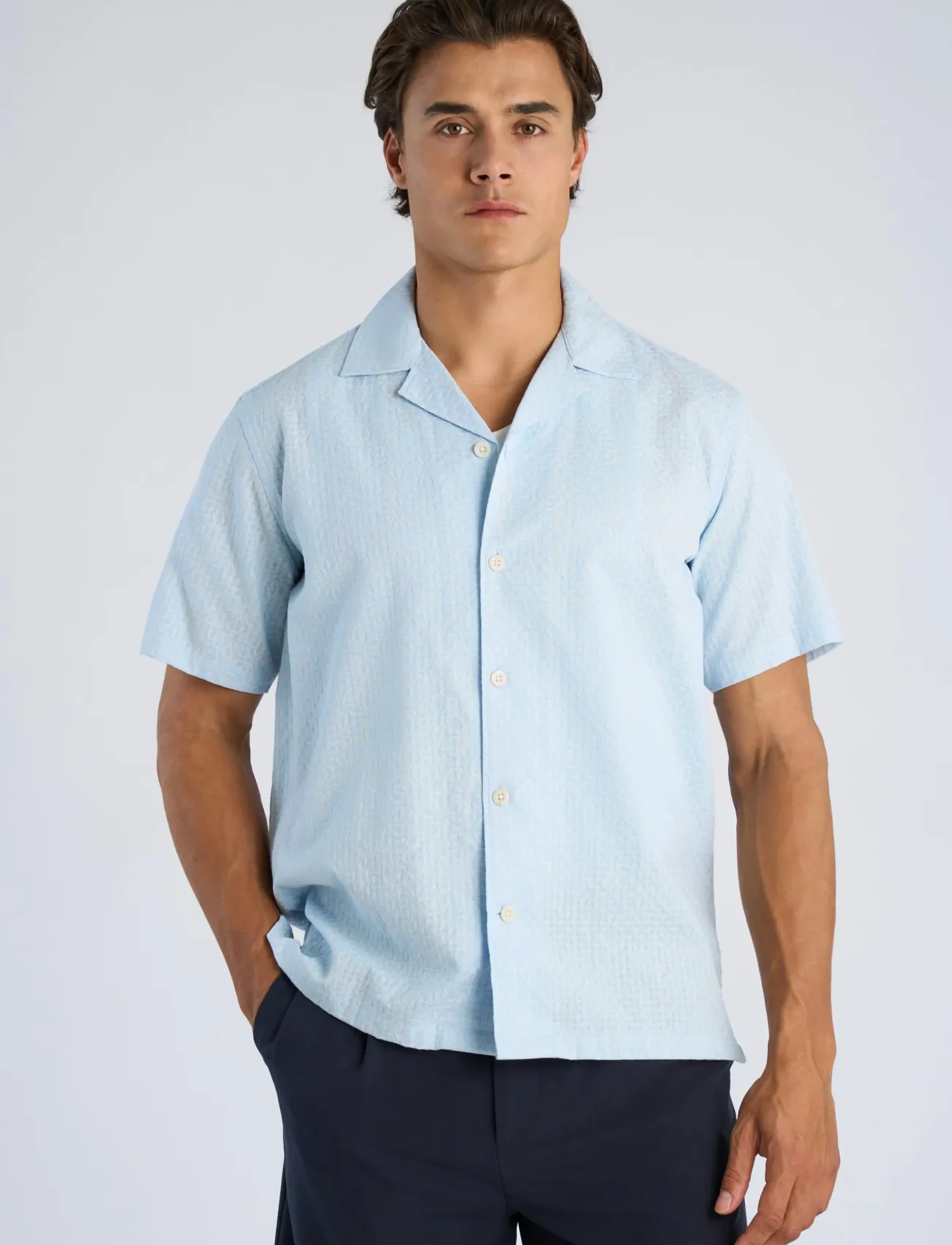 Lindbergh - Two color structure cotton/linen sh - kurzarmhemden - pastel blue - 3