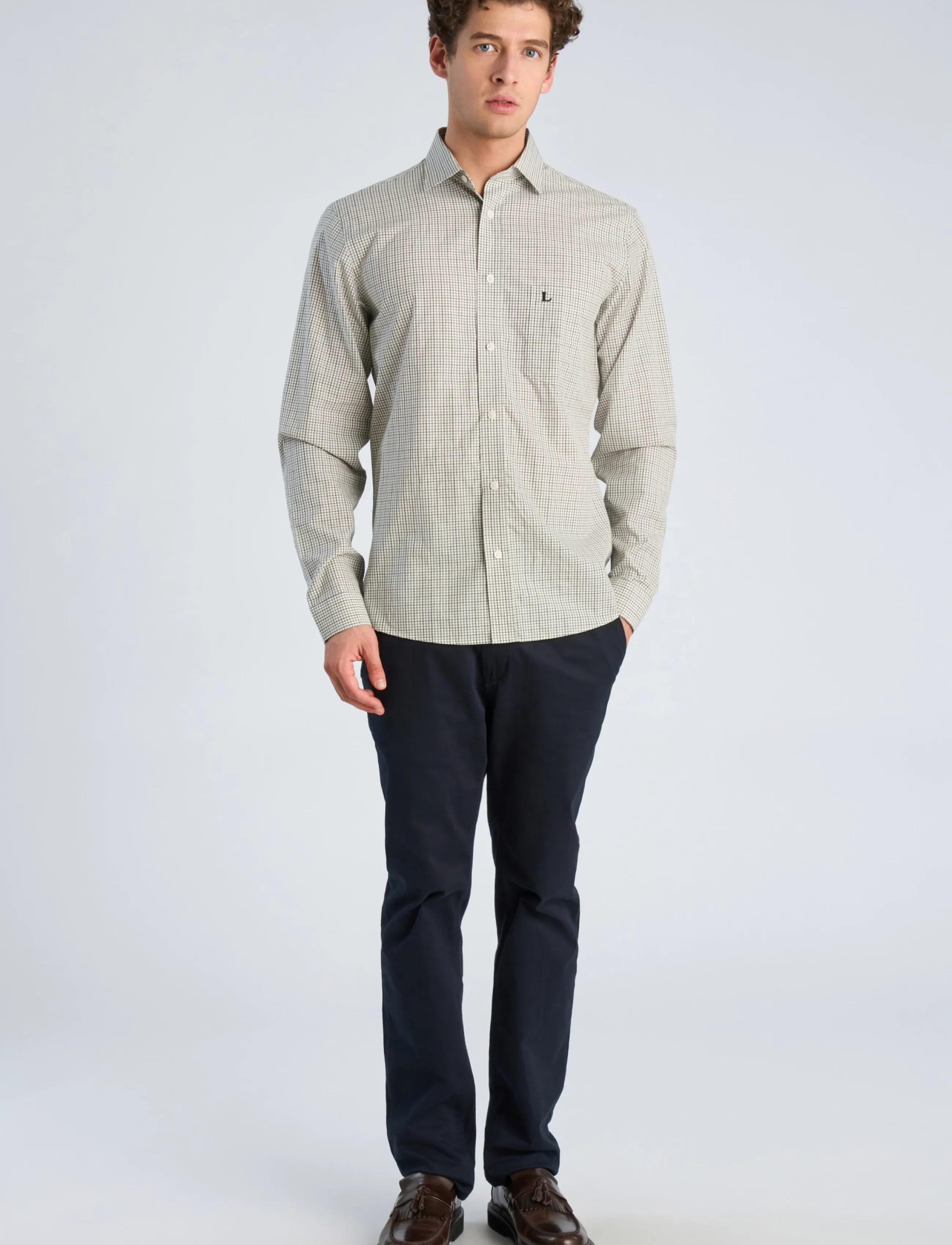Lindbergh Plain Small Checked Shirt L/S, M, Khaki green, Skjorter > Afslappet Shirts, Herre