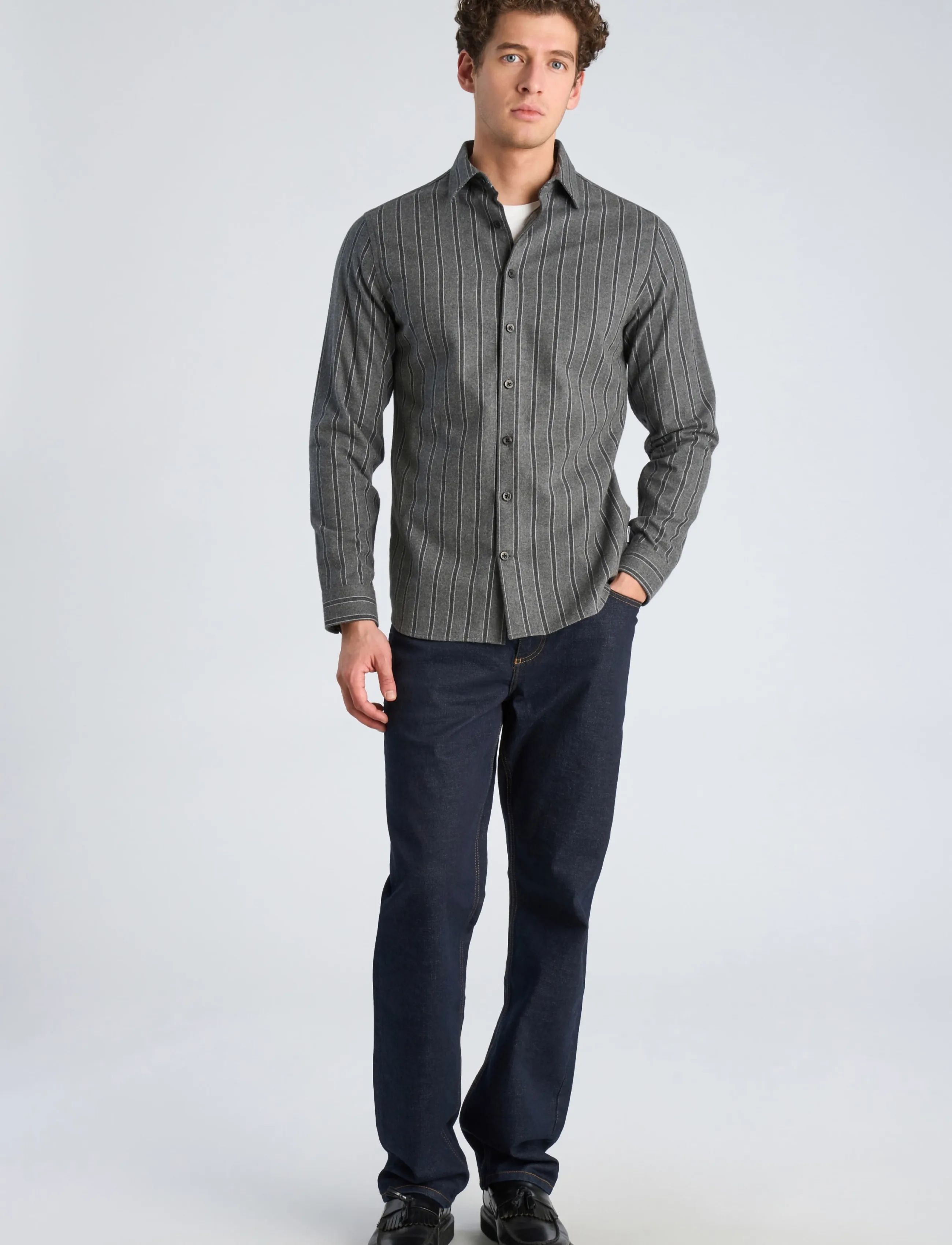 Lindbergh Brushed striped shirt L/S - Lindbergh - DK GREY MEL / grey
