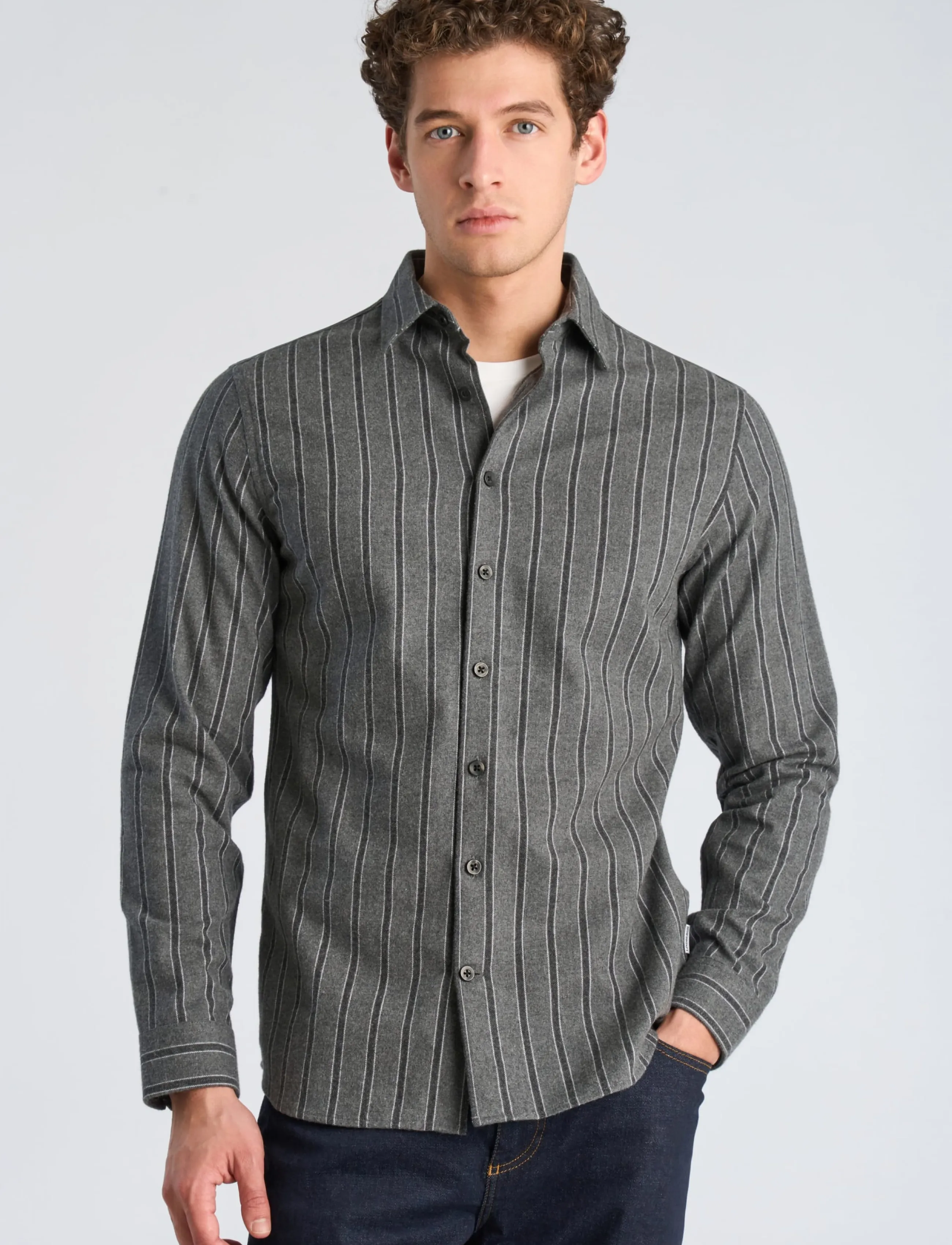 Lindbergh - Brushed striped shirt L/S - dk grey mel - 3