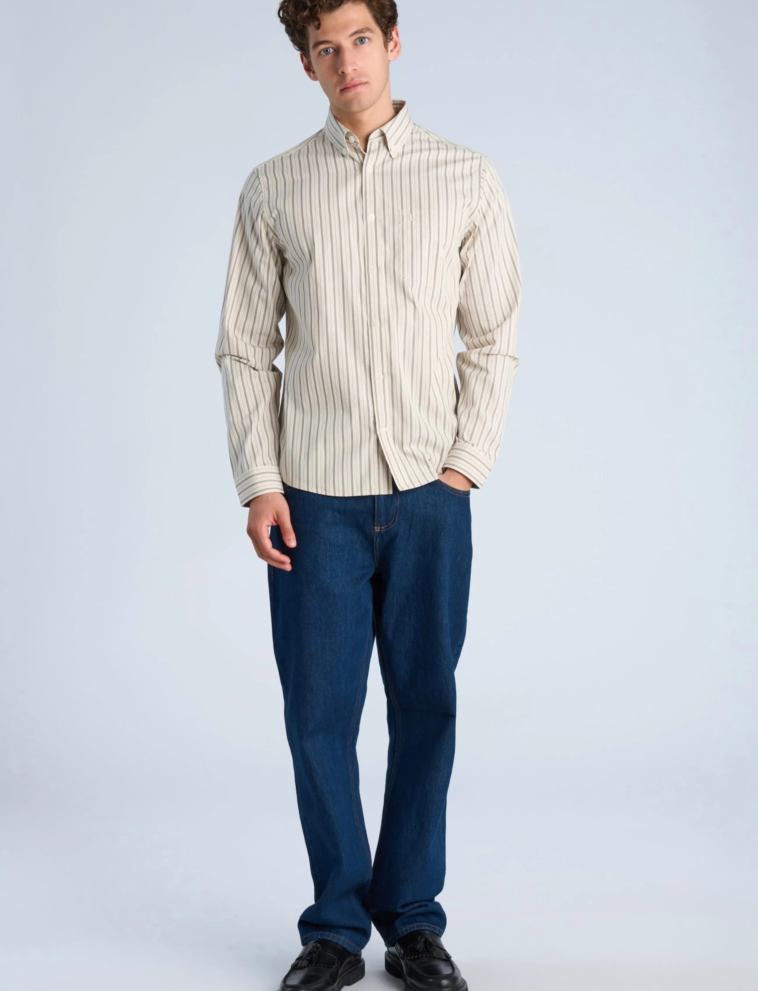 Lindbergh Striped cotton shirt L/S - Lindbergh - STONE / beige