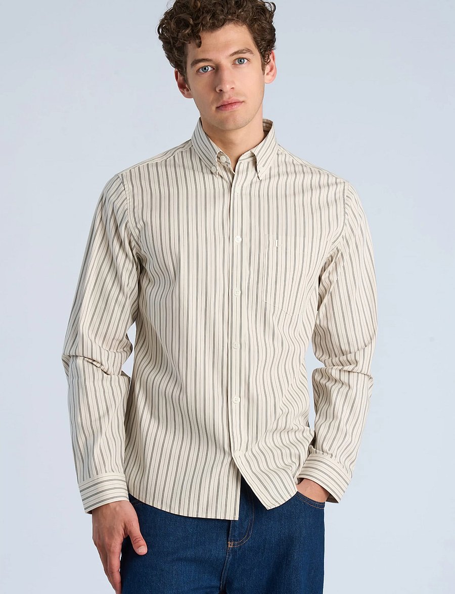 Lindbergh - Striped cotton shirt L/S - triibulised särgid - stone - 3