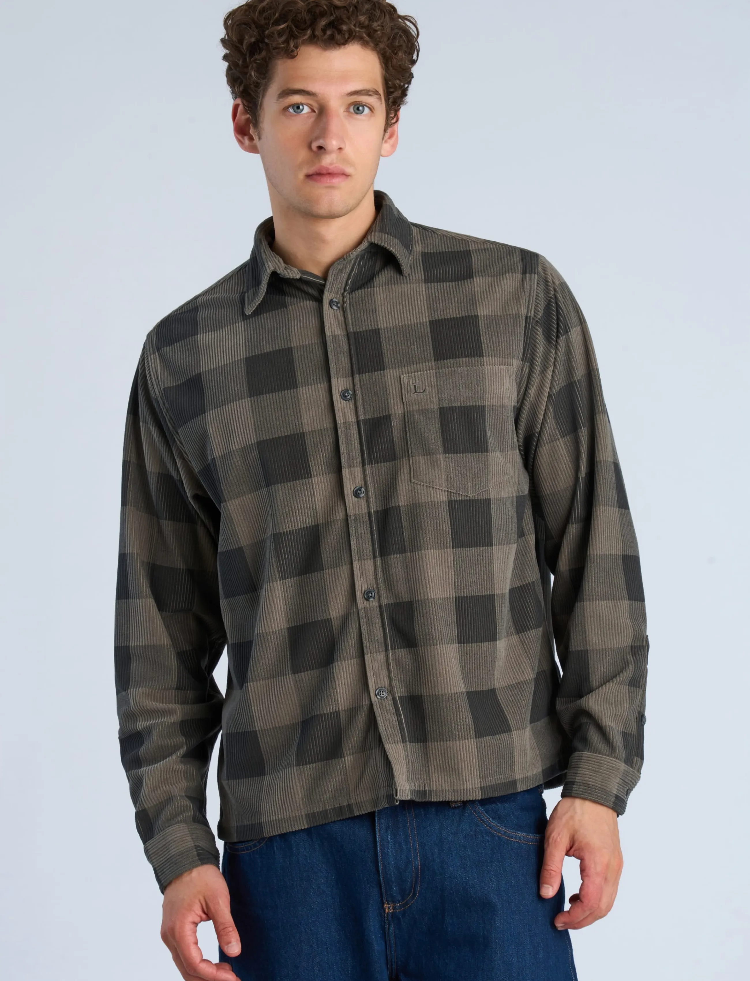 Lindbergh - Checked corduroy cropped shirt L/S - dk grey - 3