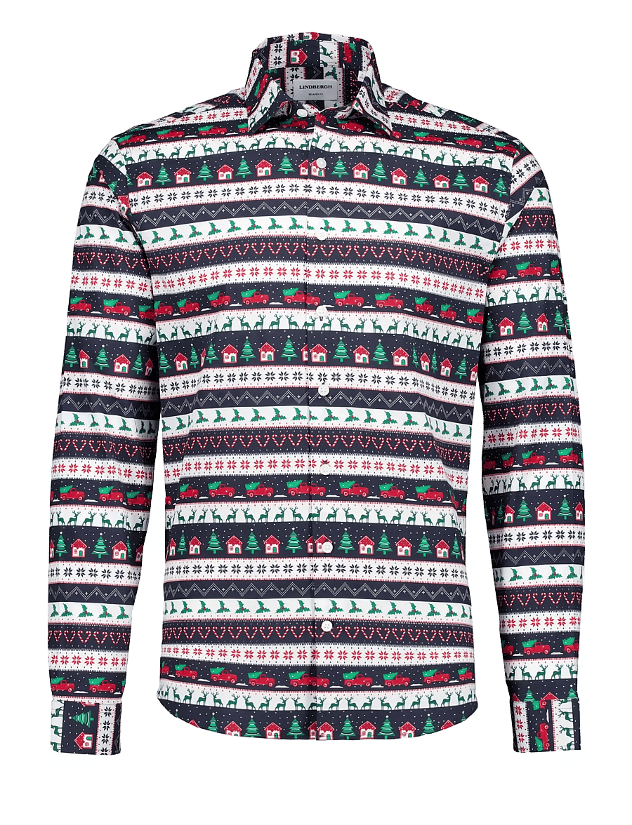 Lindbergh - AOP Christmas shirt L/S - gemusterte hemden - dk blue - 1
