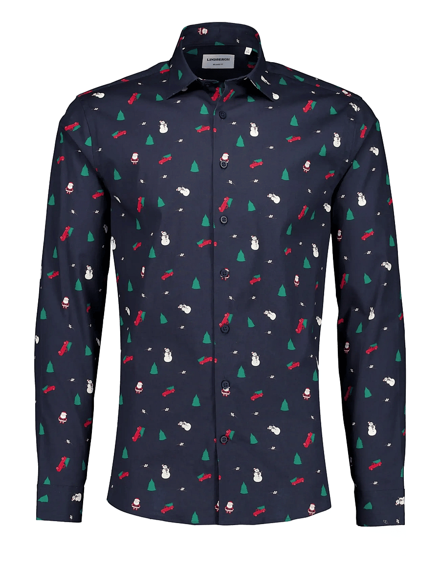Lindbergh - AOP Christmas shirt L/S - mönstrade skjortor - navy - 1