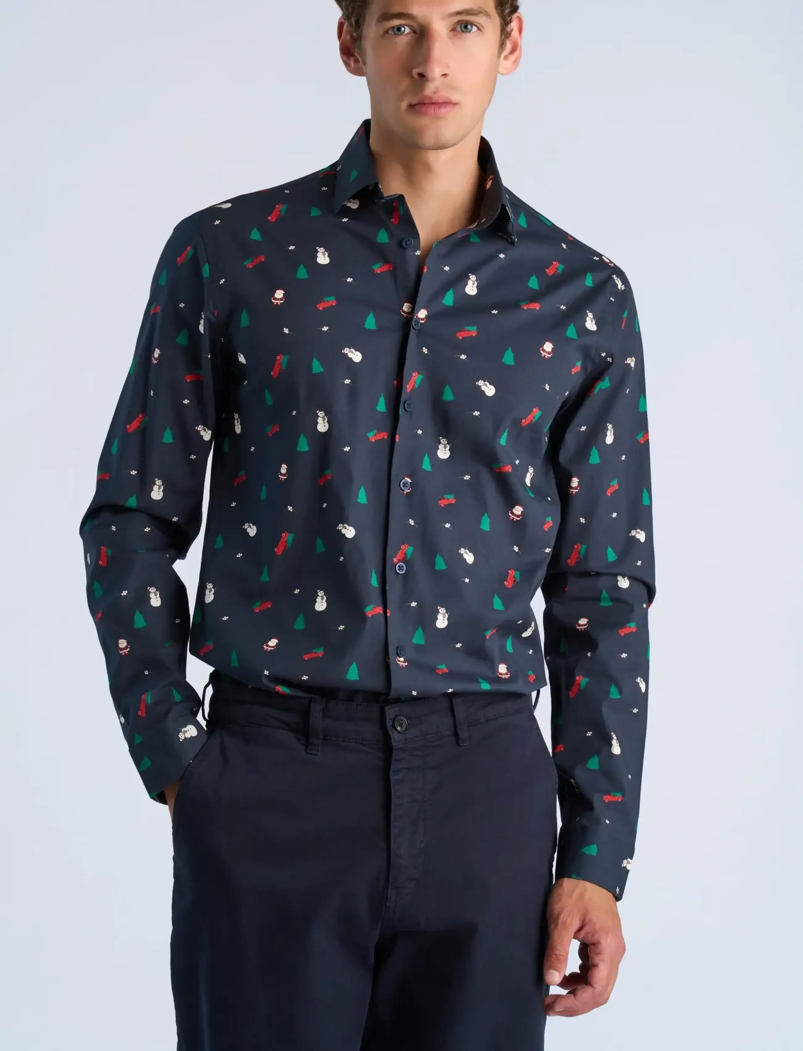 Lindbergh - AOP Christmas shirt L/S - mönstrade skjortor - navy - 3