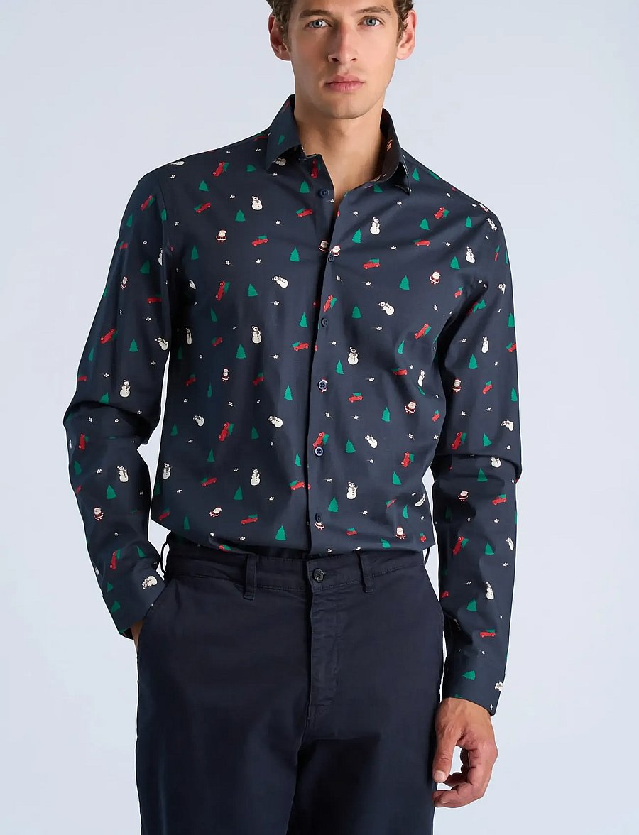 Lindbergh - AOP Christmas shirt L/S - mönstrade skjortor - navy - 3