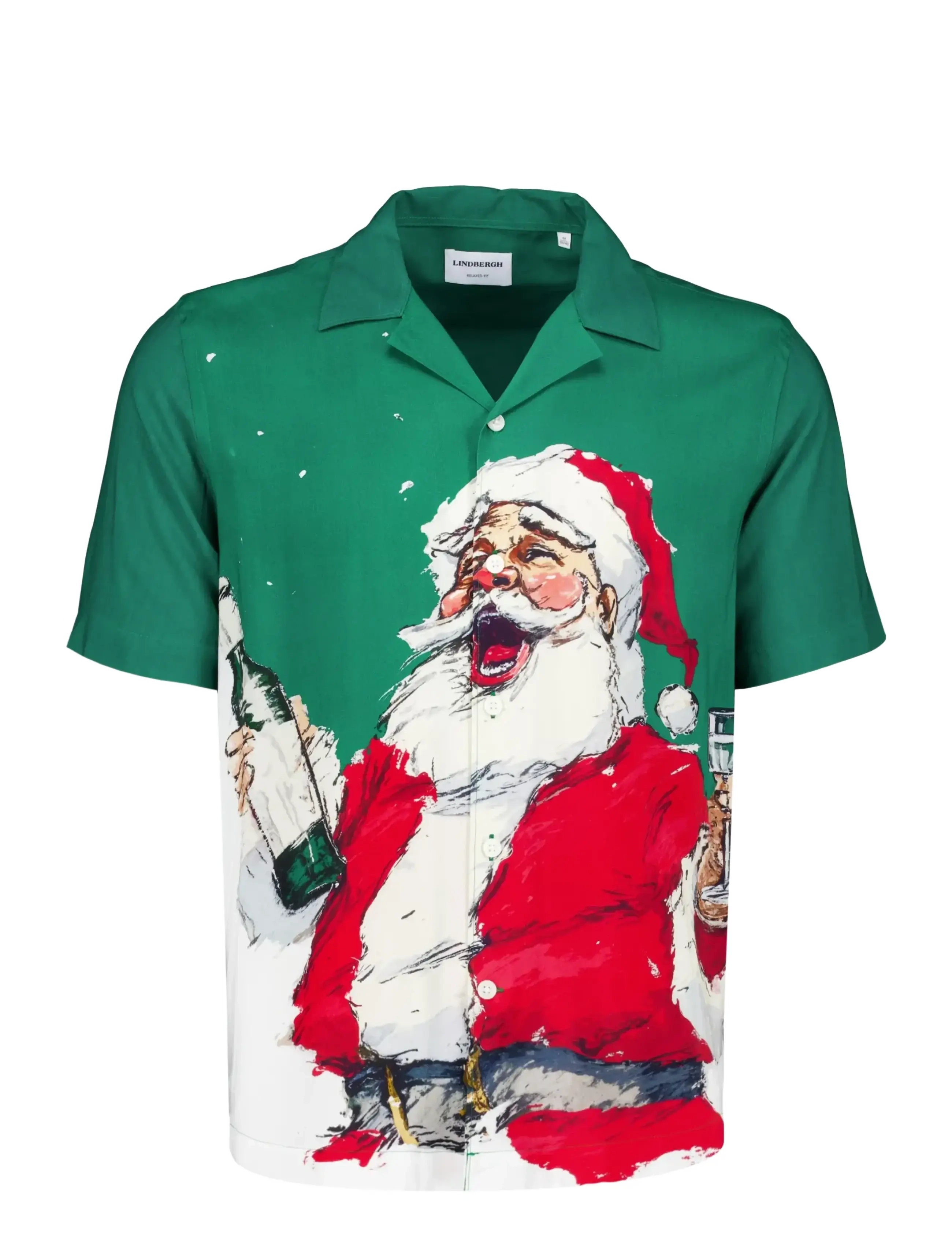 Lindbergh - AOP Christmas viscose shirt S/S - mönstrade skjortor - green - 1