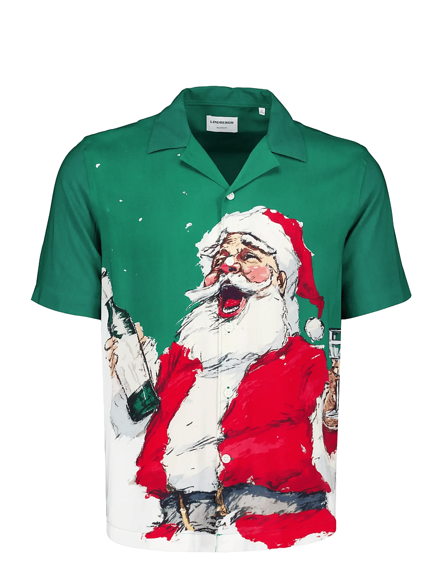 Lindbergh - AOP Christmas viscose shirt S/S - mönstrade skjortor - green - 1