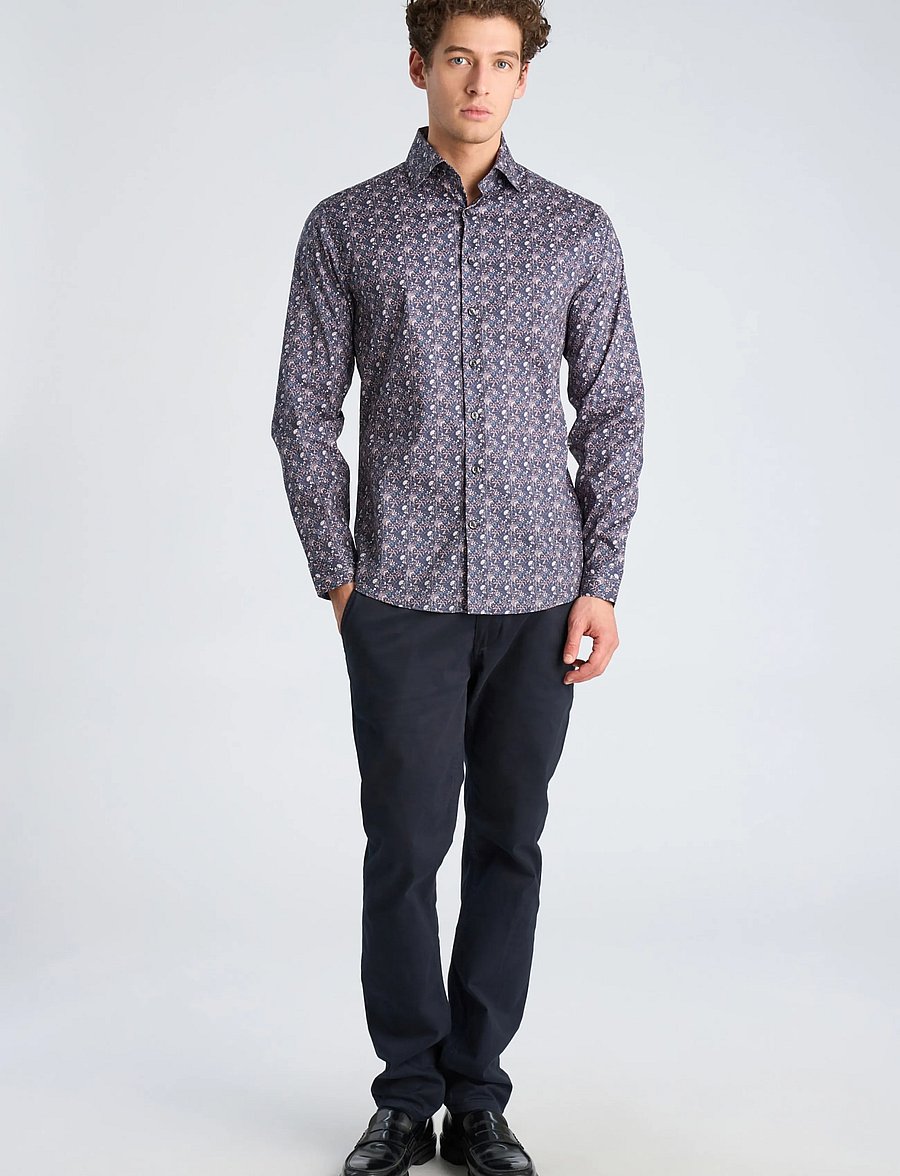 Lindbergh - AOP stretch shirt L/S - pattern shirts - burgundy - 0