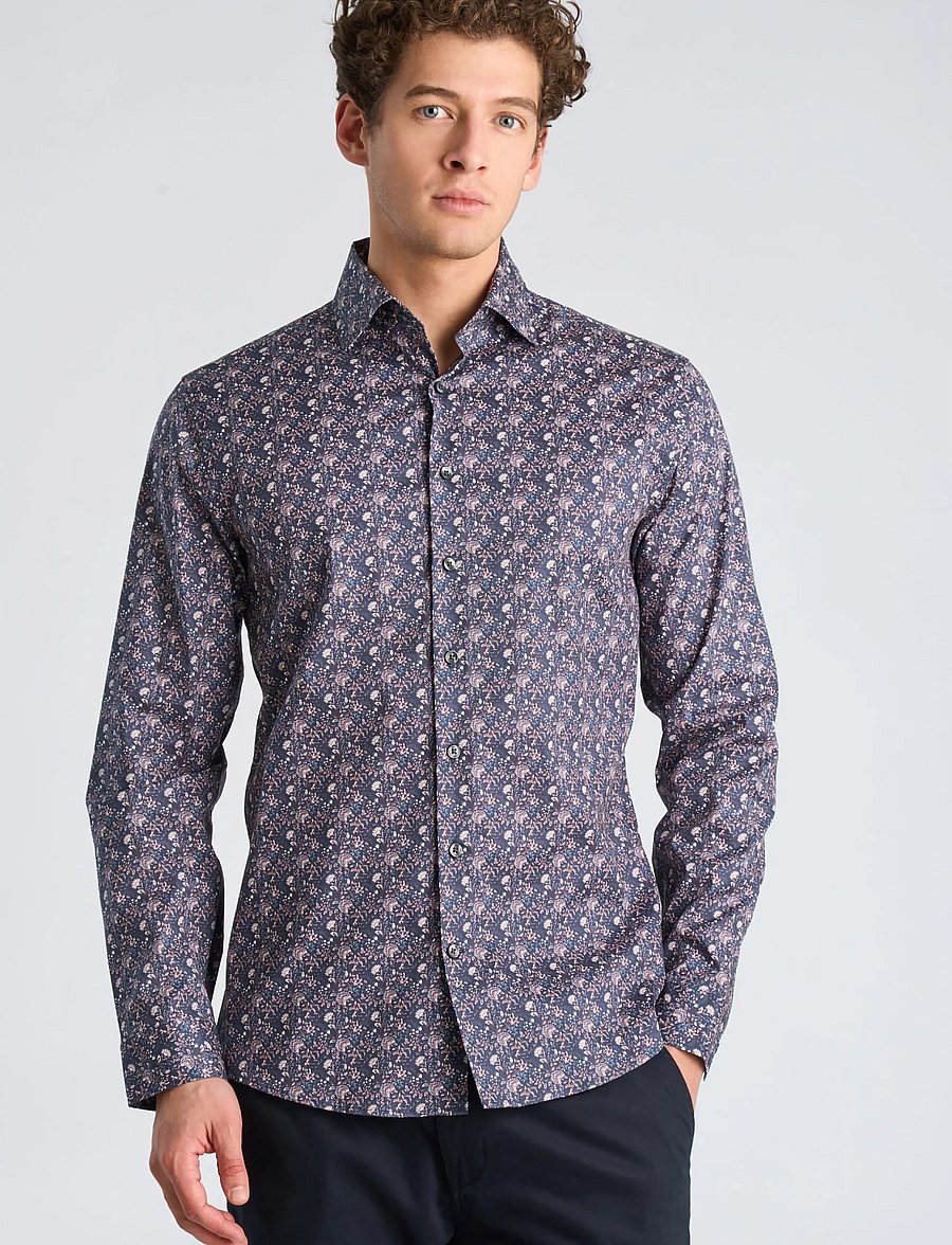 Lindbergh - AOP stretch shirt L/S - pattern shirts - burgundy - 3