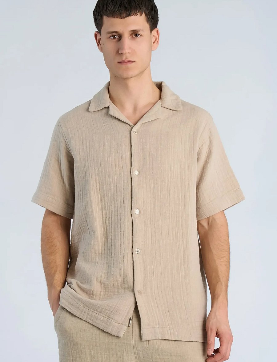 Lindbergh - Cotton muslin resort shirt S/S - lühikeste varrukatega särgid - stone - 3