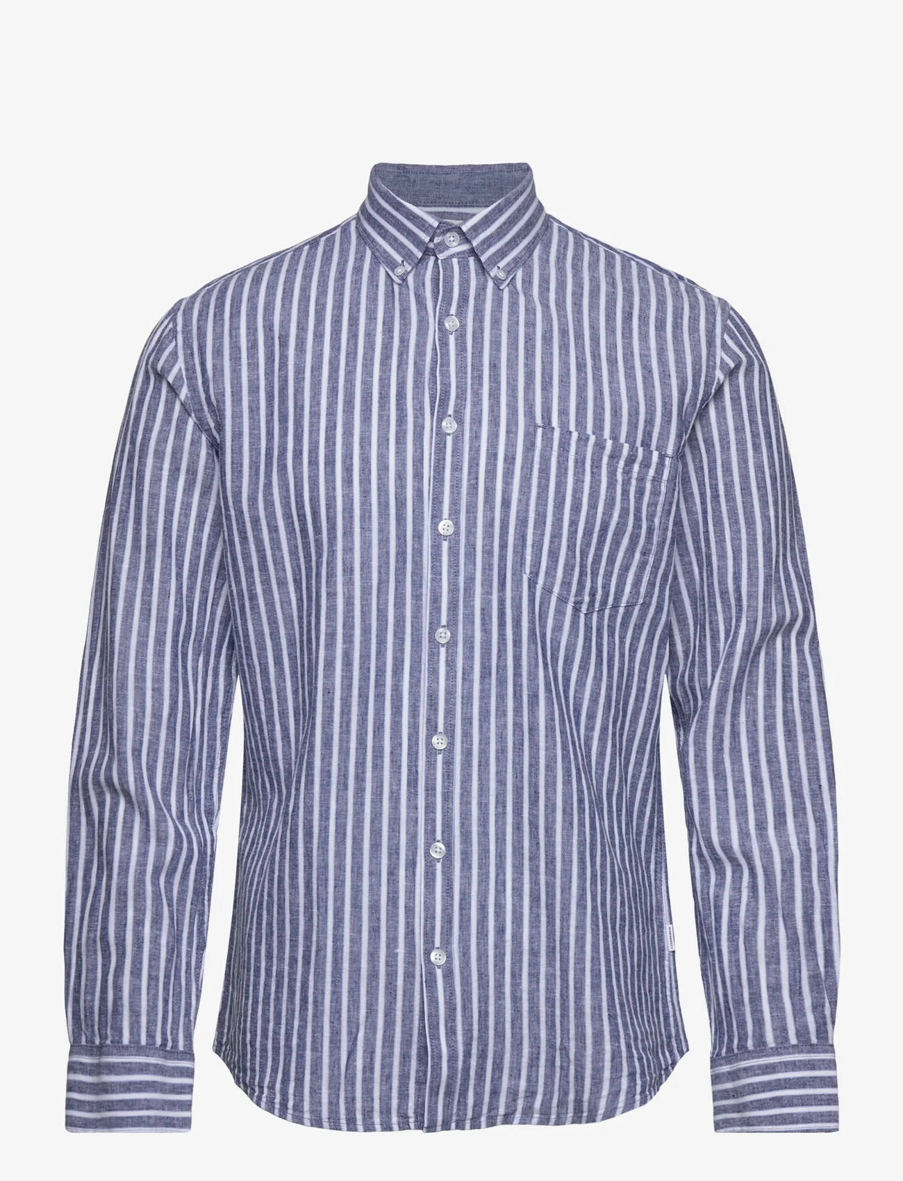 Lindbergh - Striped cotton/linen shirt L/S - linen shirts - navy - 0