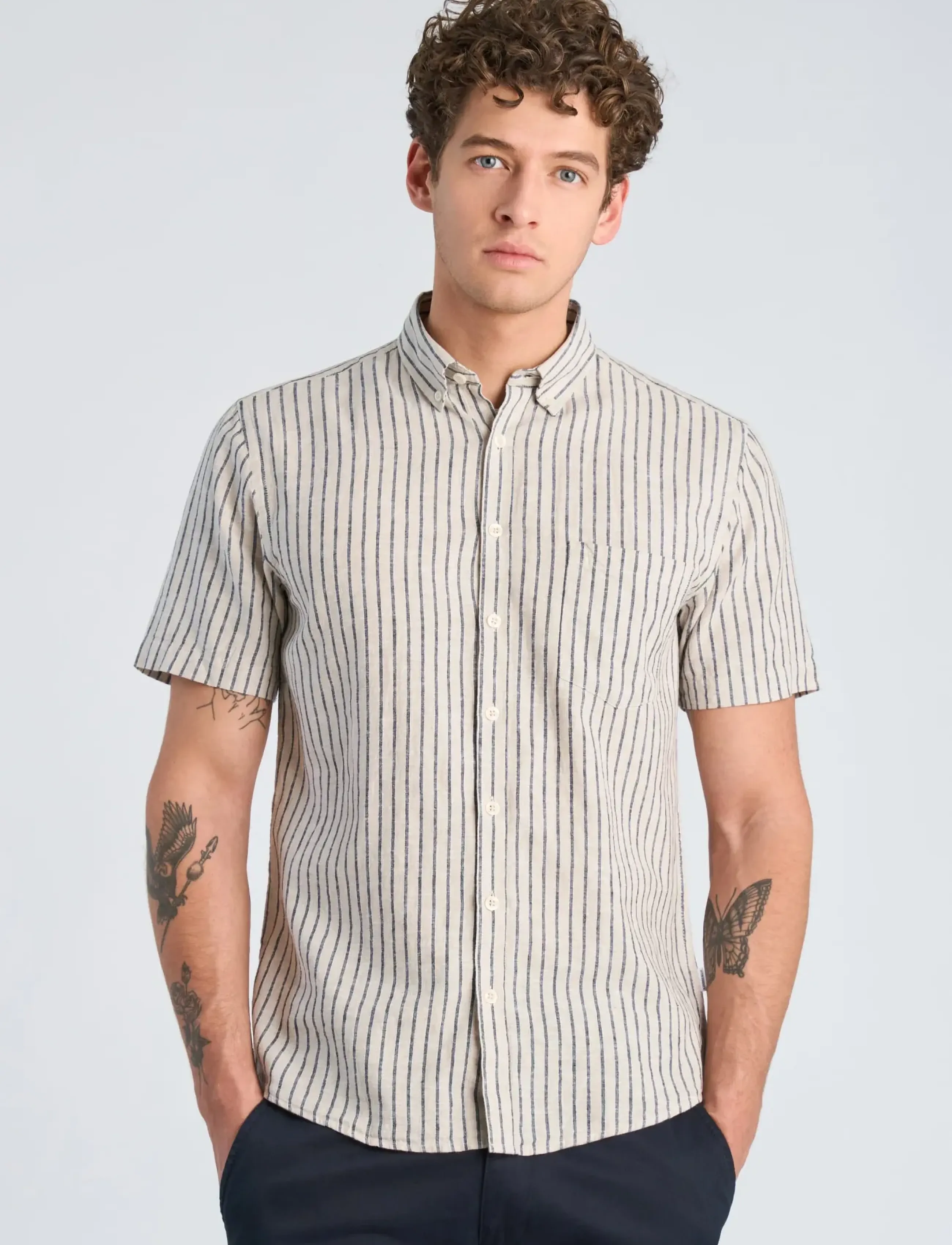 Lindbergh - Striped cotton/linen shirt S/S - hørskjorter - sand - 3
