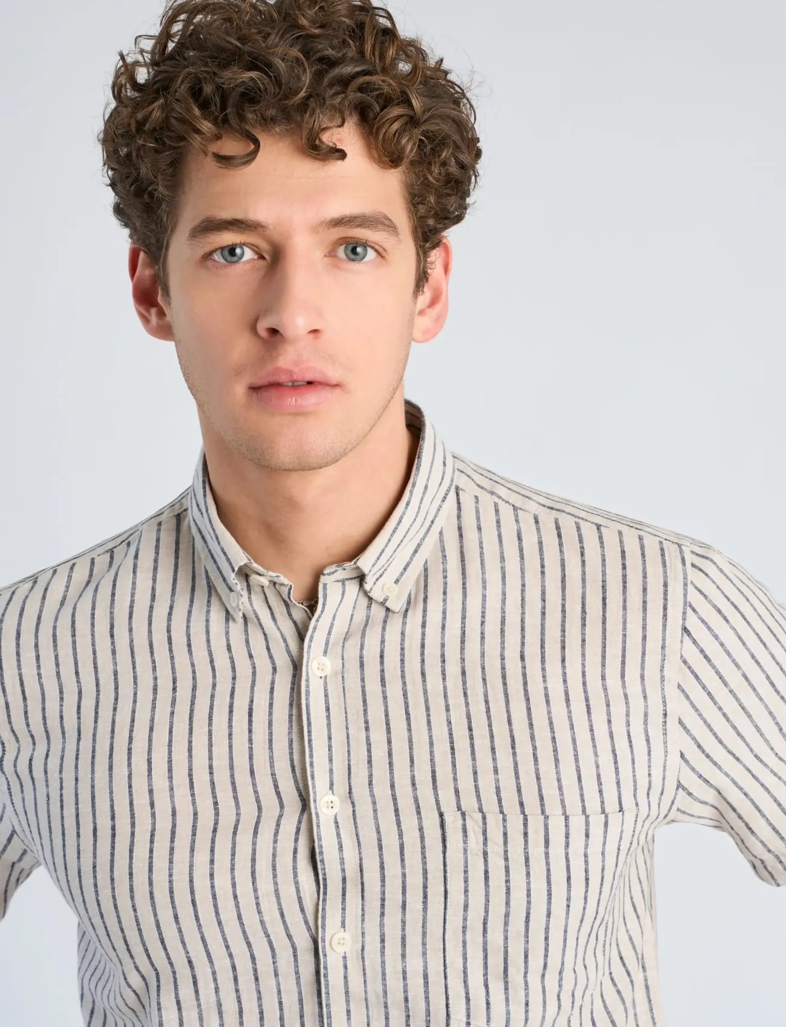 Lindbergh - Striped cotton/linen shirt S/S - hørskjorter - sand - 5