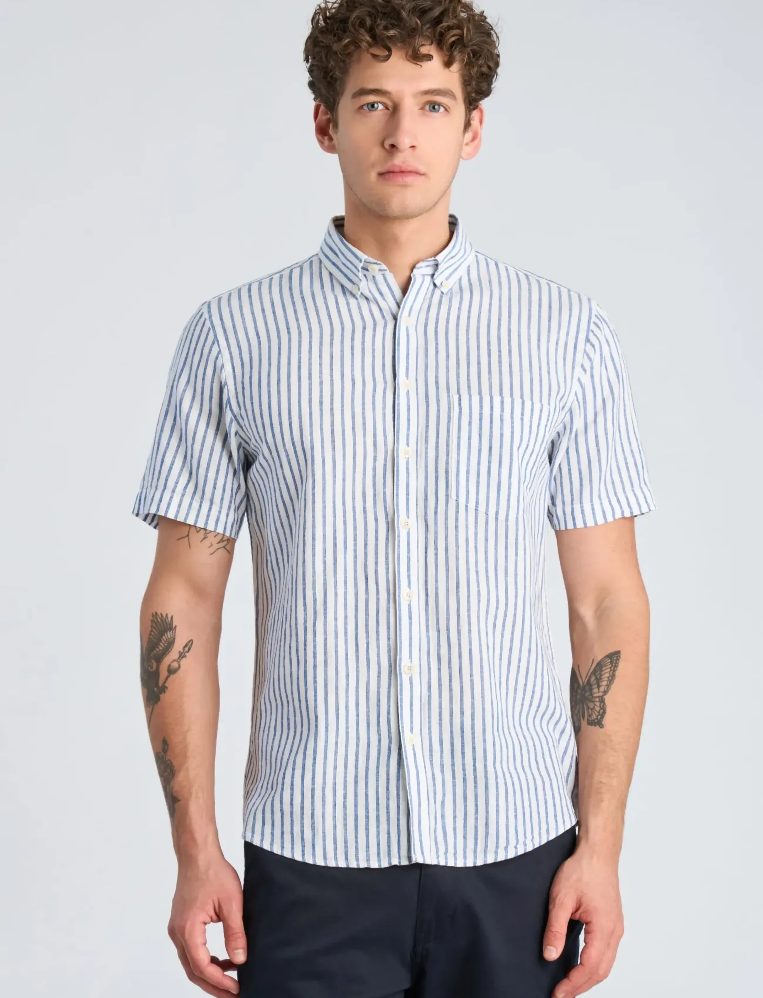 Lindbergh - Striped cotton/linen shirt S/S - hørskjorter - white - 3