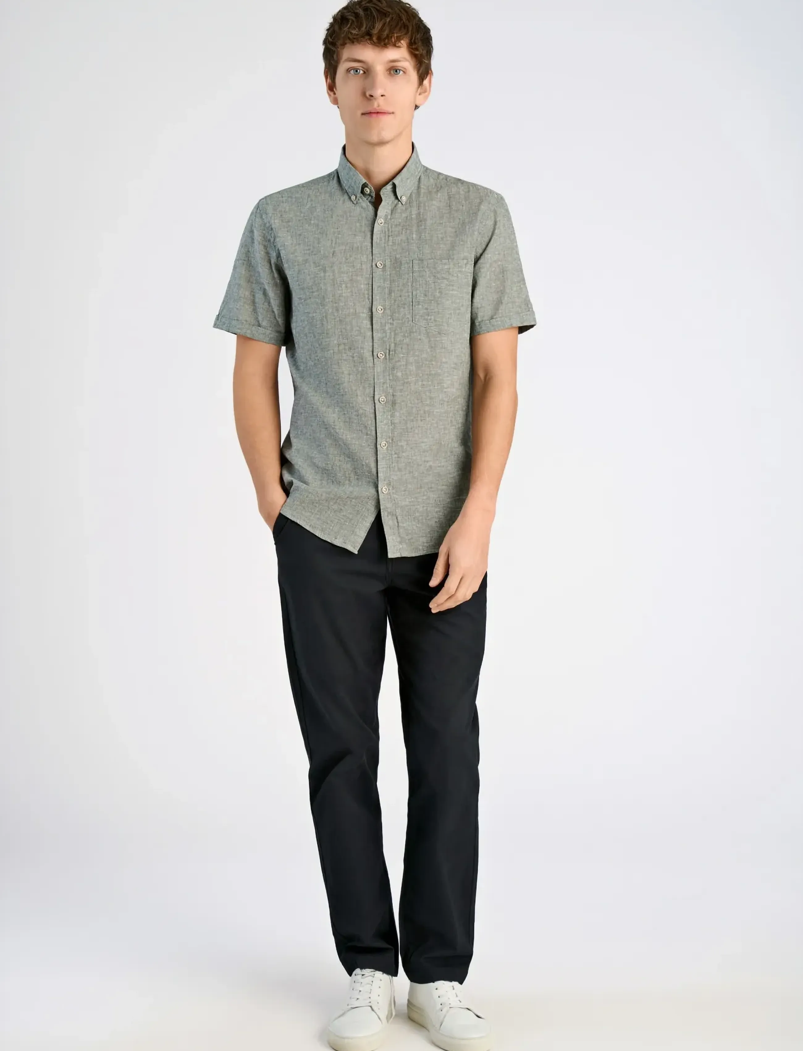 Lindbergh Cotton/Linen Shirt S/S, Mænd, Kortærmet Hørskjorte Med Button-Down Krave, Kakigrøn, Str: S