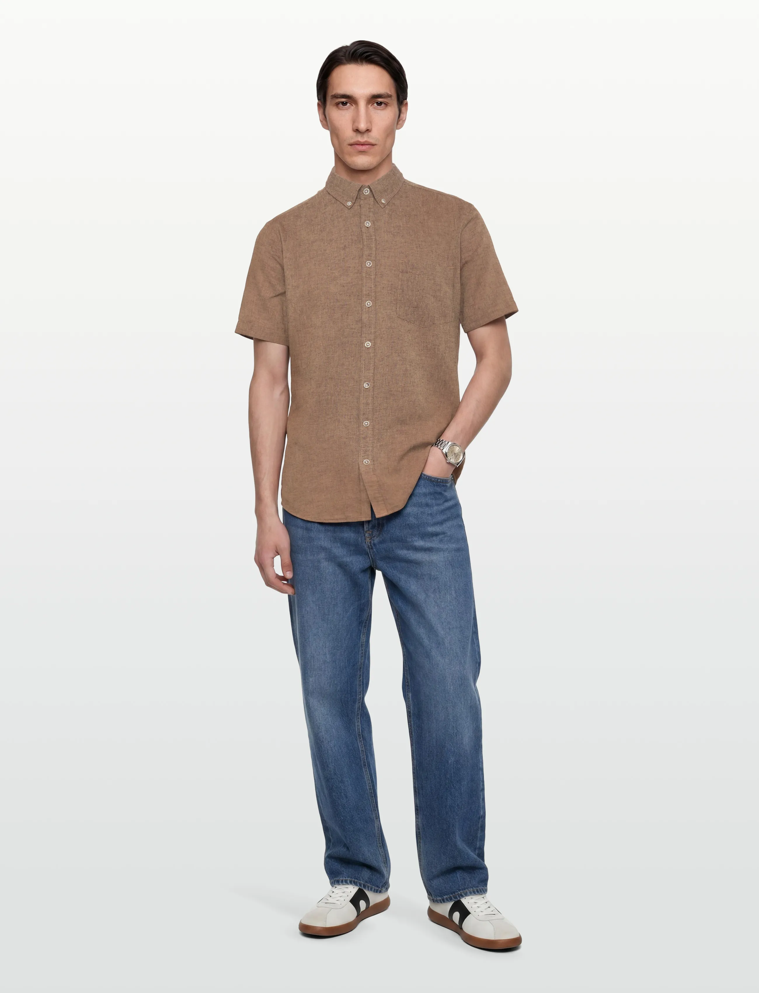 Lindbergh Cotton/Linen Shirt S/S, L, Shirts, Braun - Short-sleeved Männerswear