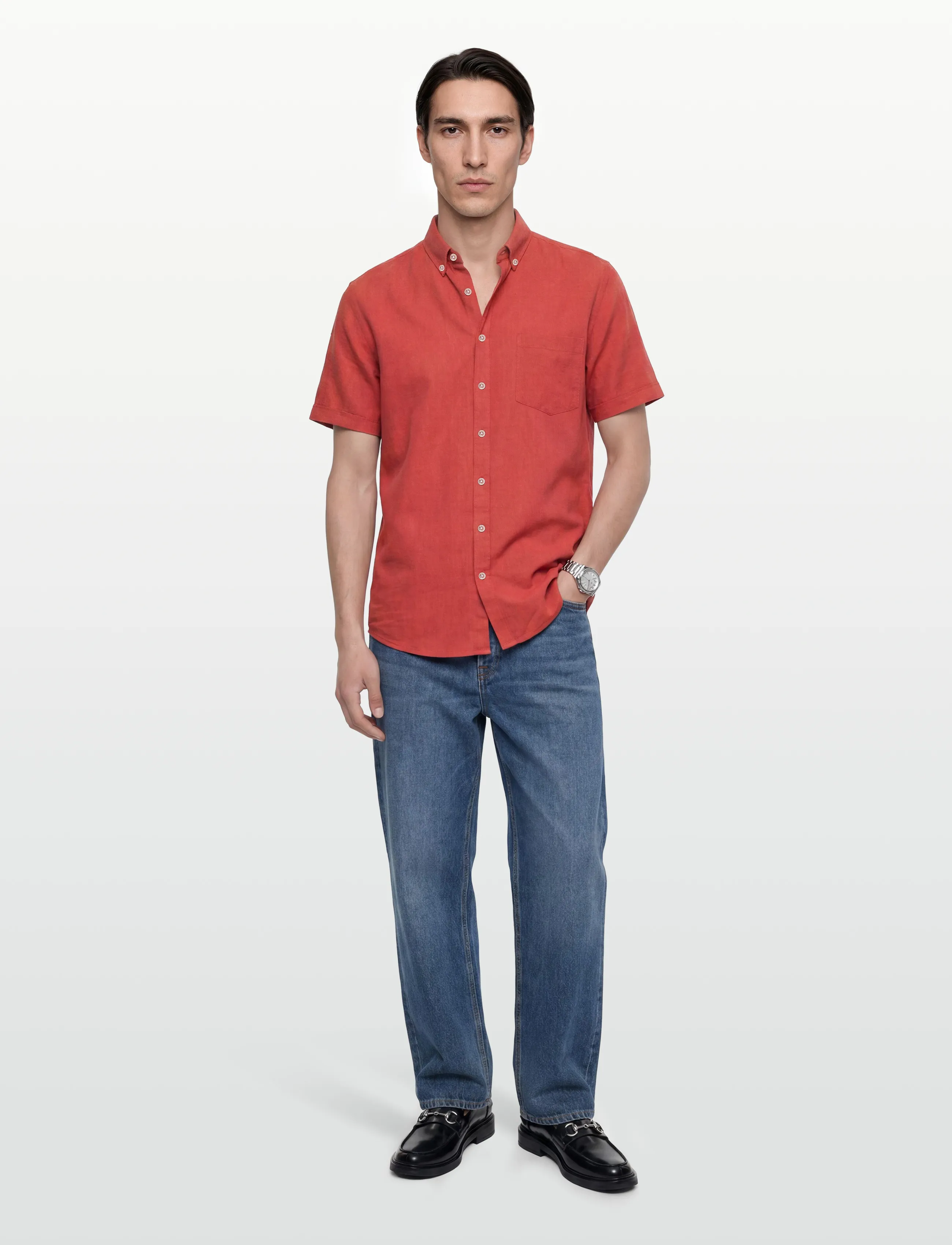 Lindbergh Cotton/Linen Shirt S/S, XXL, Red, Skjorter > Kortærmede Shirts, Herre