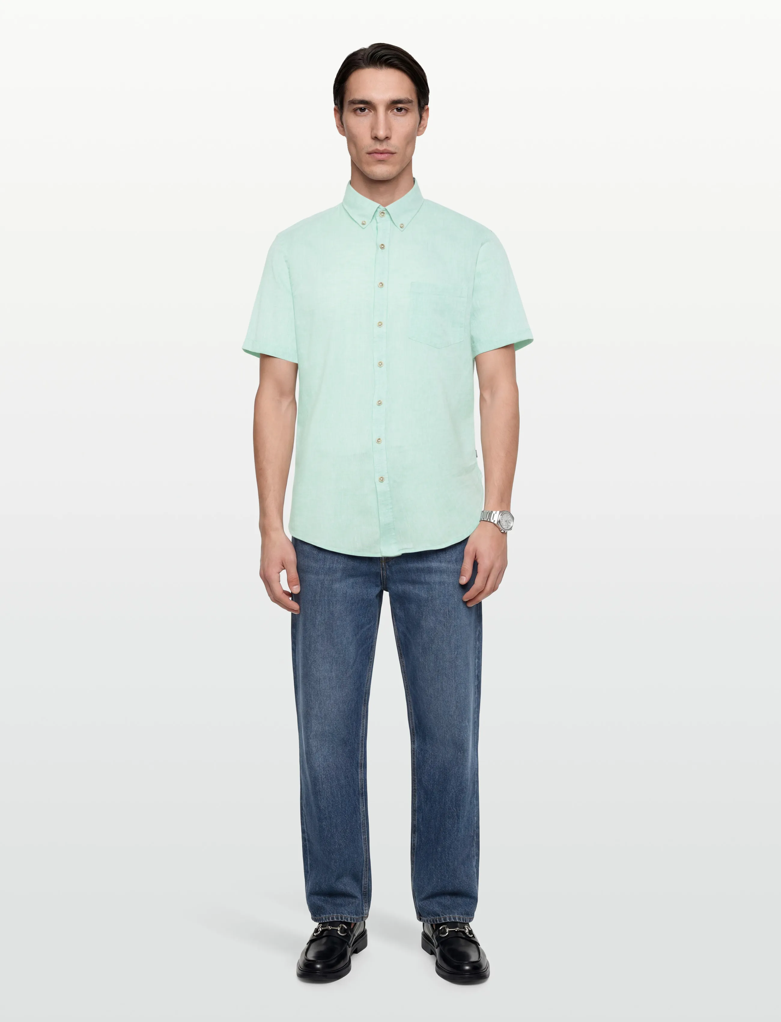 Lindbergh Cotton/Linen Shirt S/S, S, Shirts, Grün - Short-sleeved Männerswear