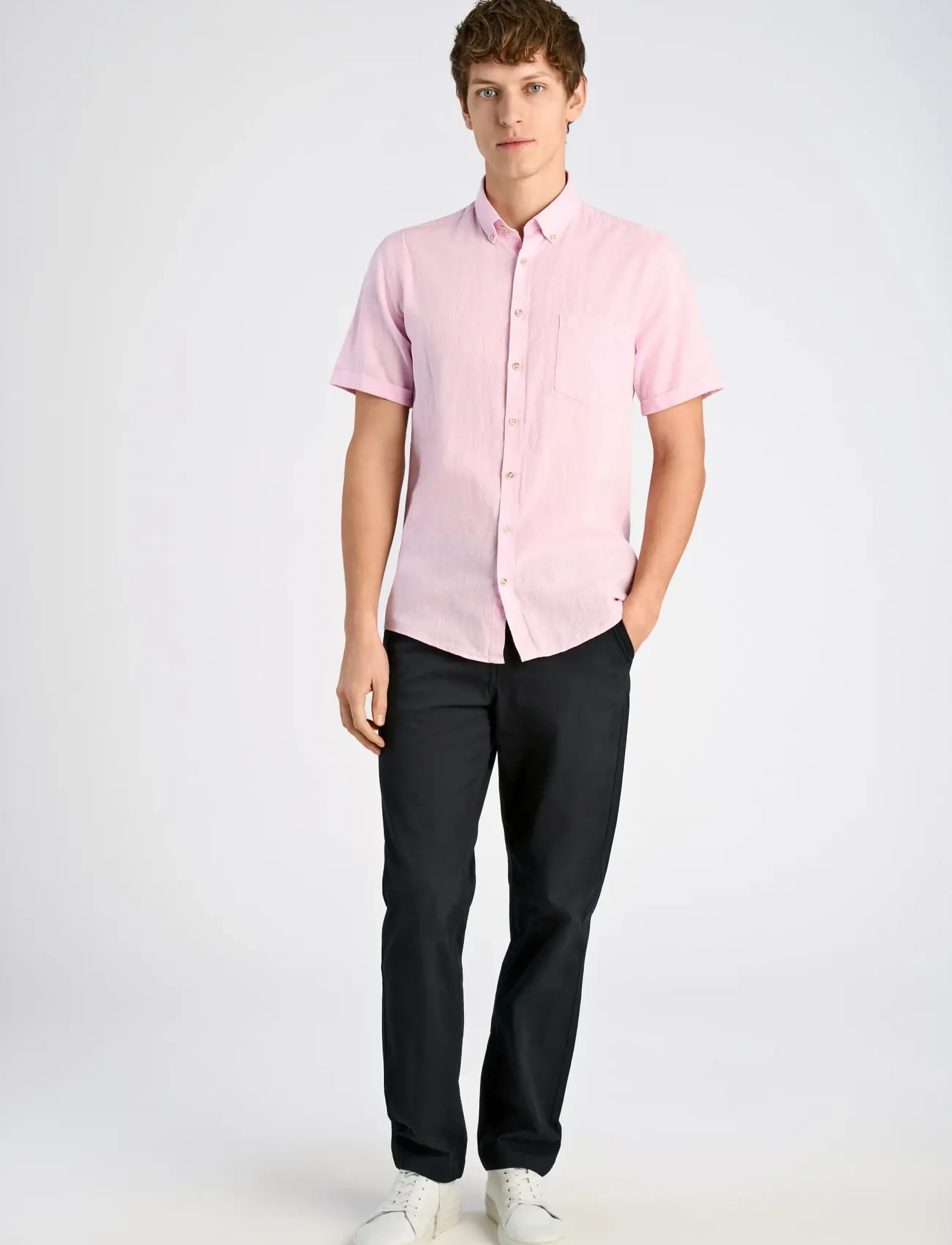 Lindbergh Cotton/Linen Shirt S/S, Mænd, Kortærmet Hørskjorte Med Button-Down Krave, Pink, Str: XXXL