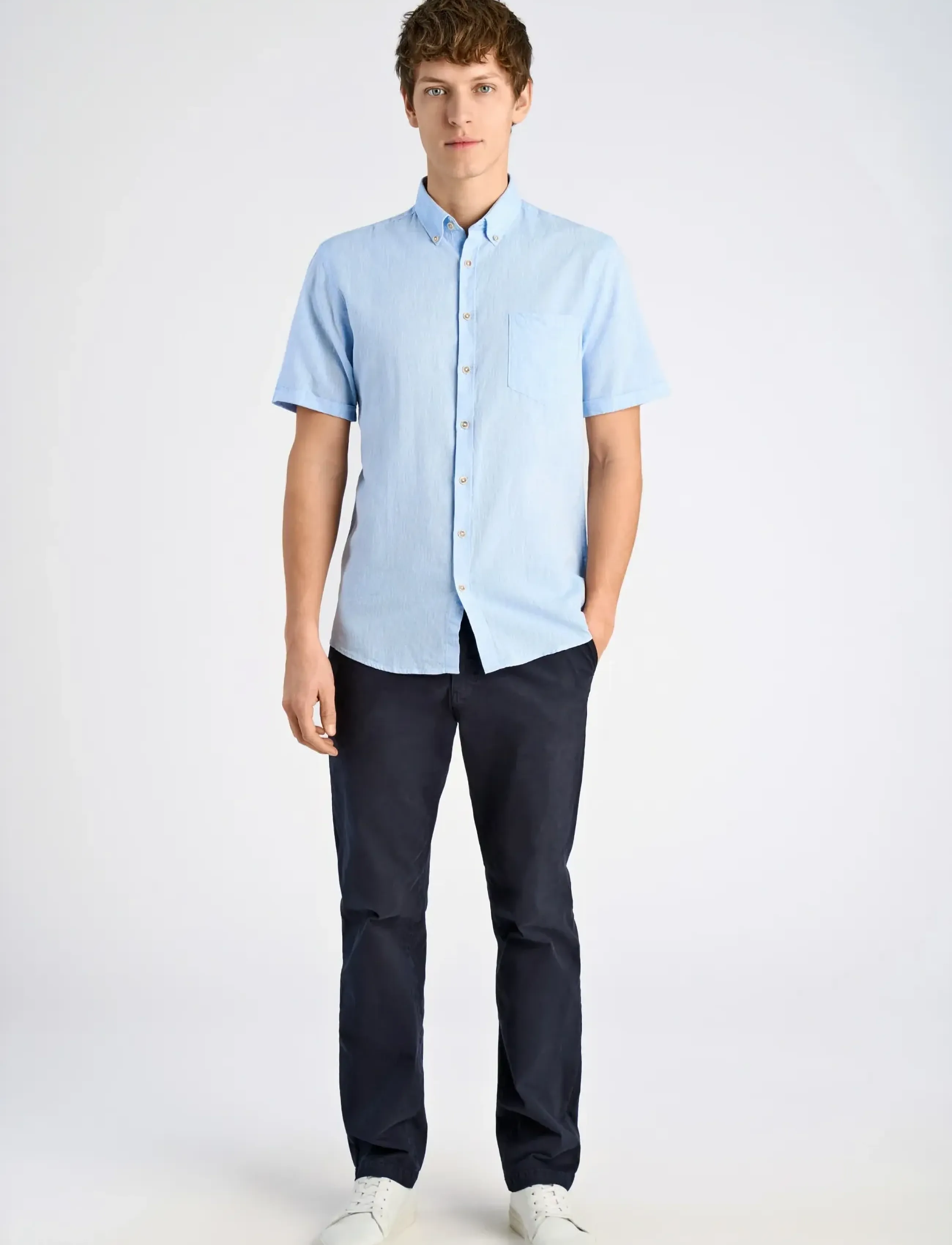 Lindbergh Cotton/linen shirt S/S - Riided - SKY BLUE / blue