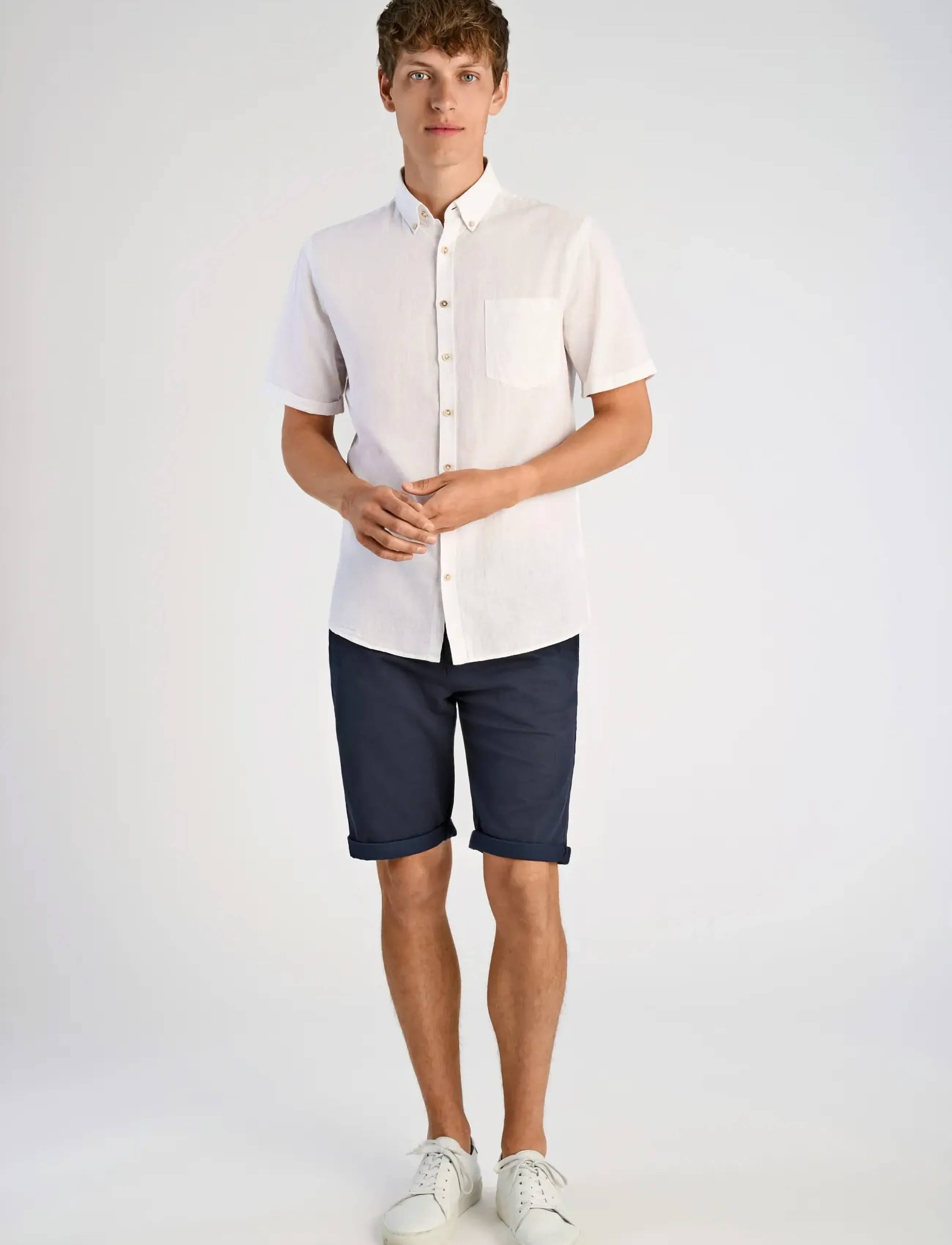 Lindbergh Cotton/Linen Shirt S/S, Mænd, Kortærmet Hørskjorte Med Button-Down Krave, Hvid, Str: M