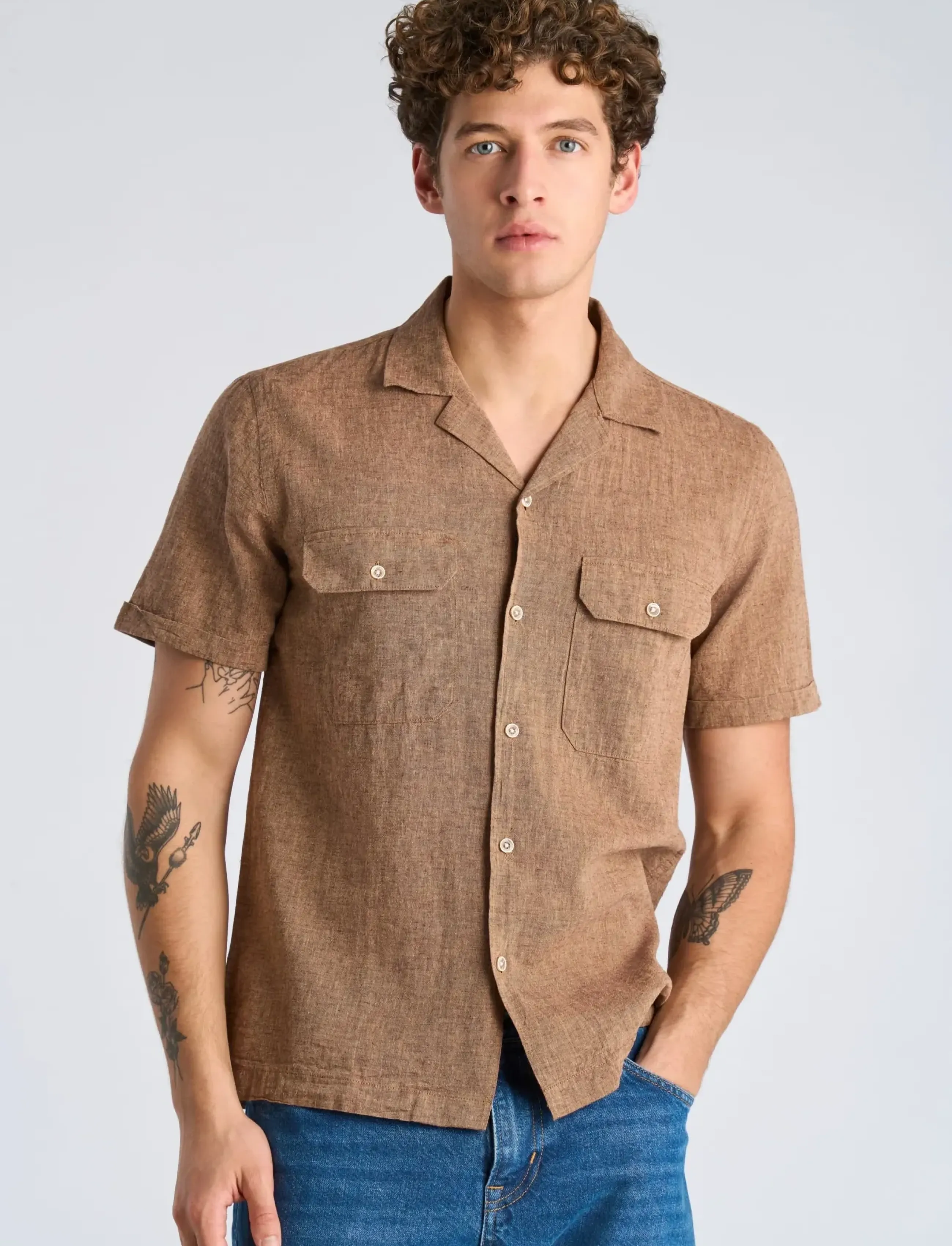 Lindbergh - Cotton/linen resort shirt S/S - hørskjorter - brown - 3