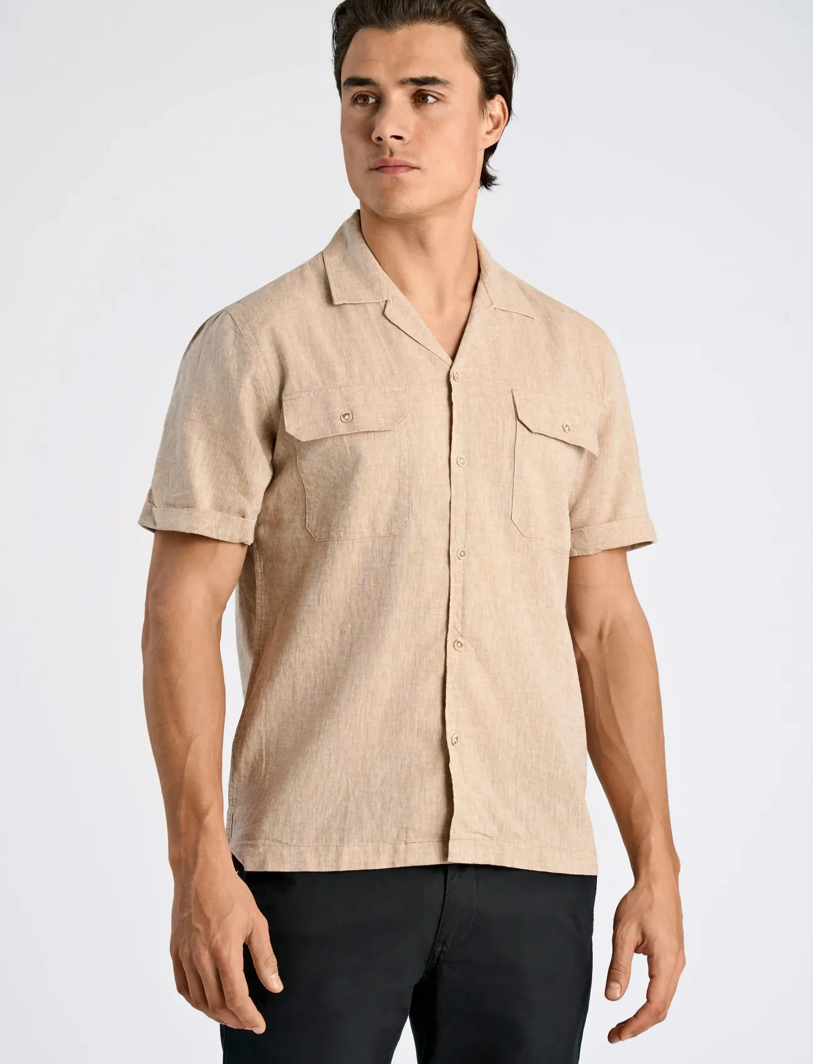 Lindbergh - Cotton/linen resort shirt S/S - hørskjorter - mid sand - 3