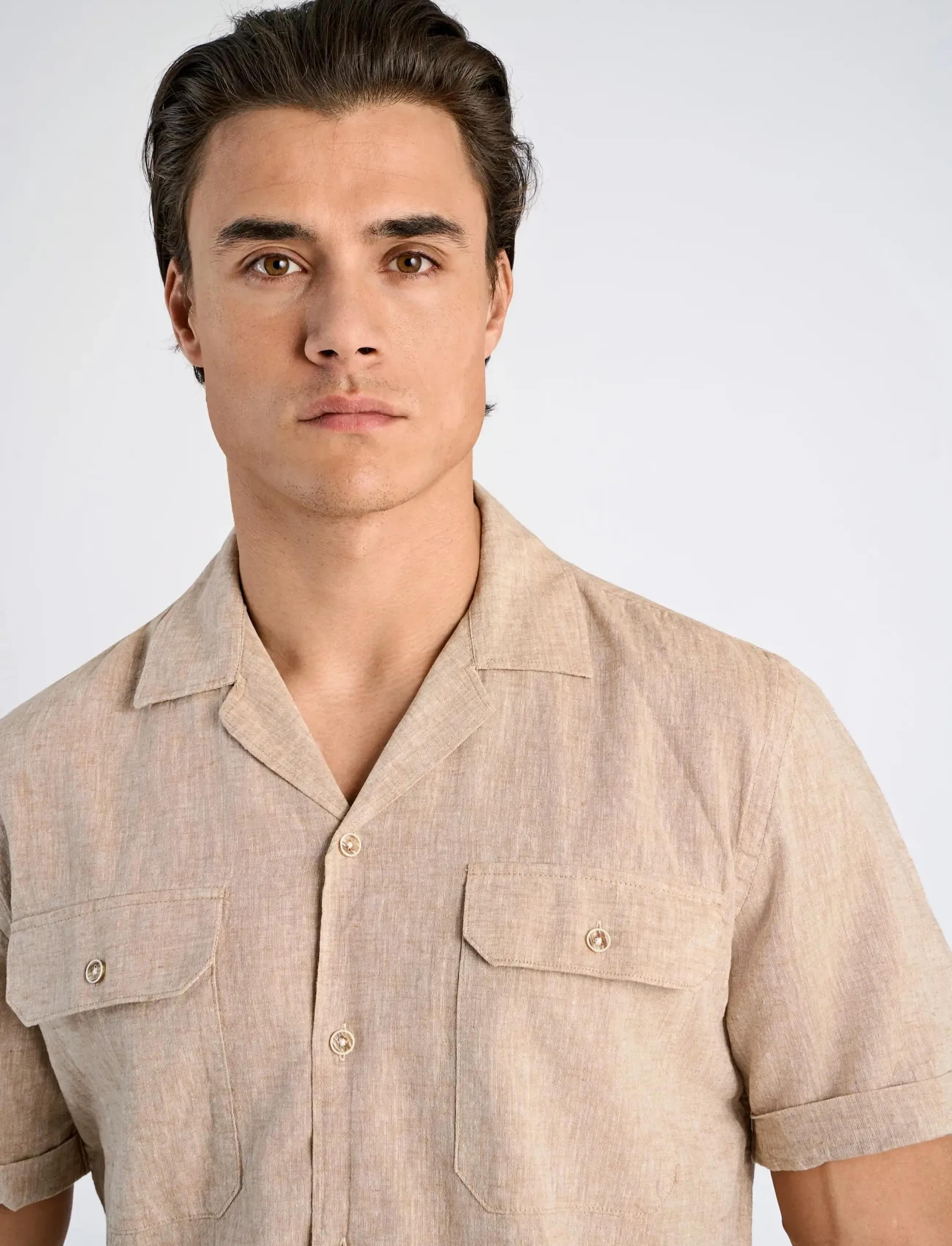 Lindbergh - Cotton/linen resort shirt S/S - hørskjorter - mid sand - 5