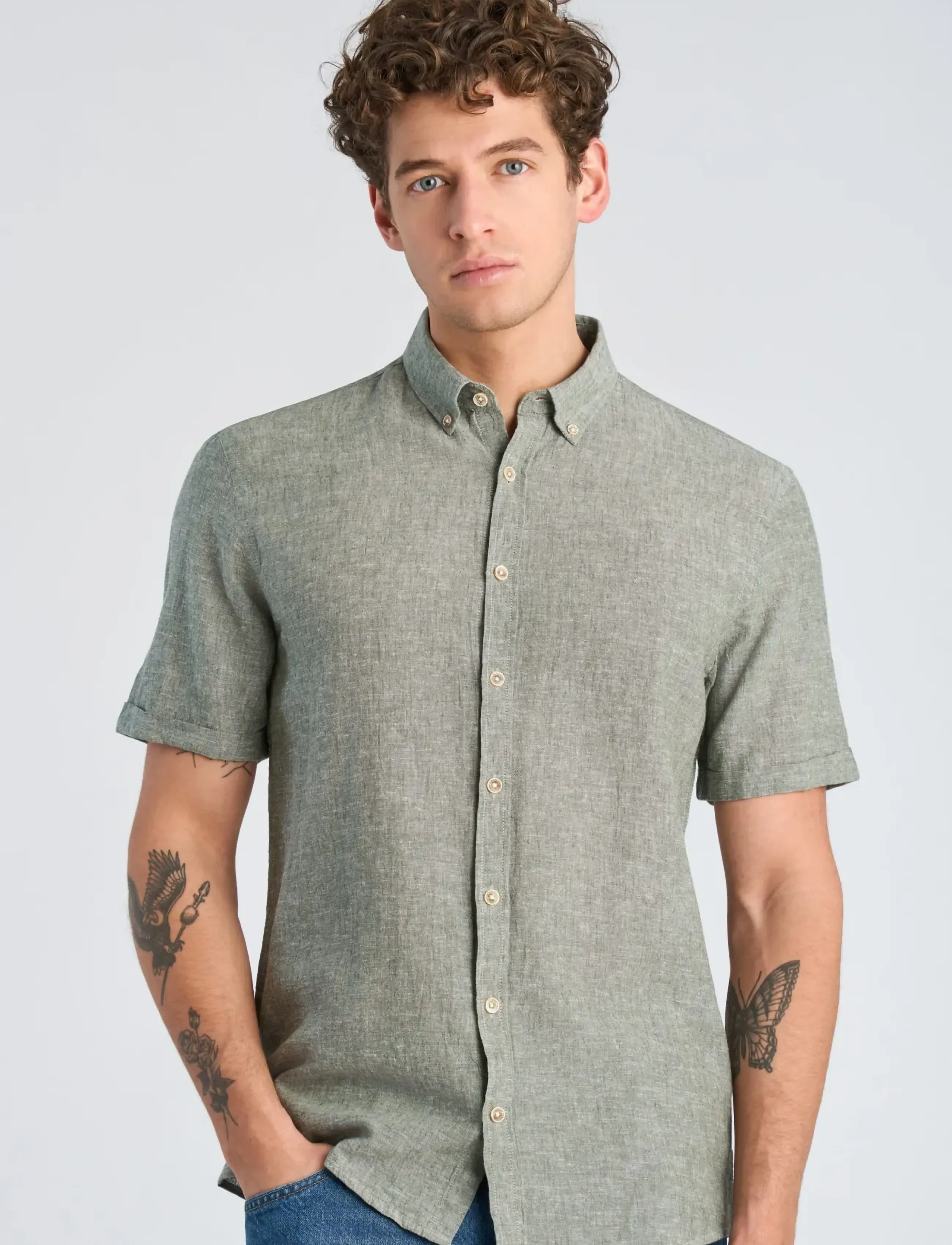 Lindbergh - Cotton/linen shirt S/S - hørskjorter - army - 3