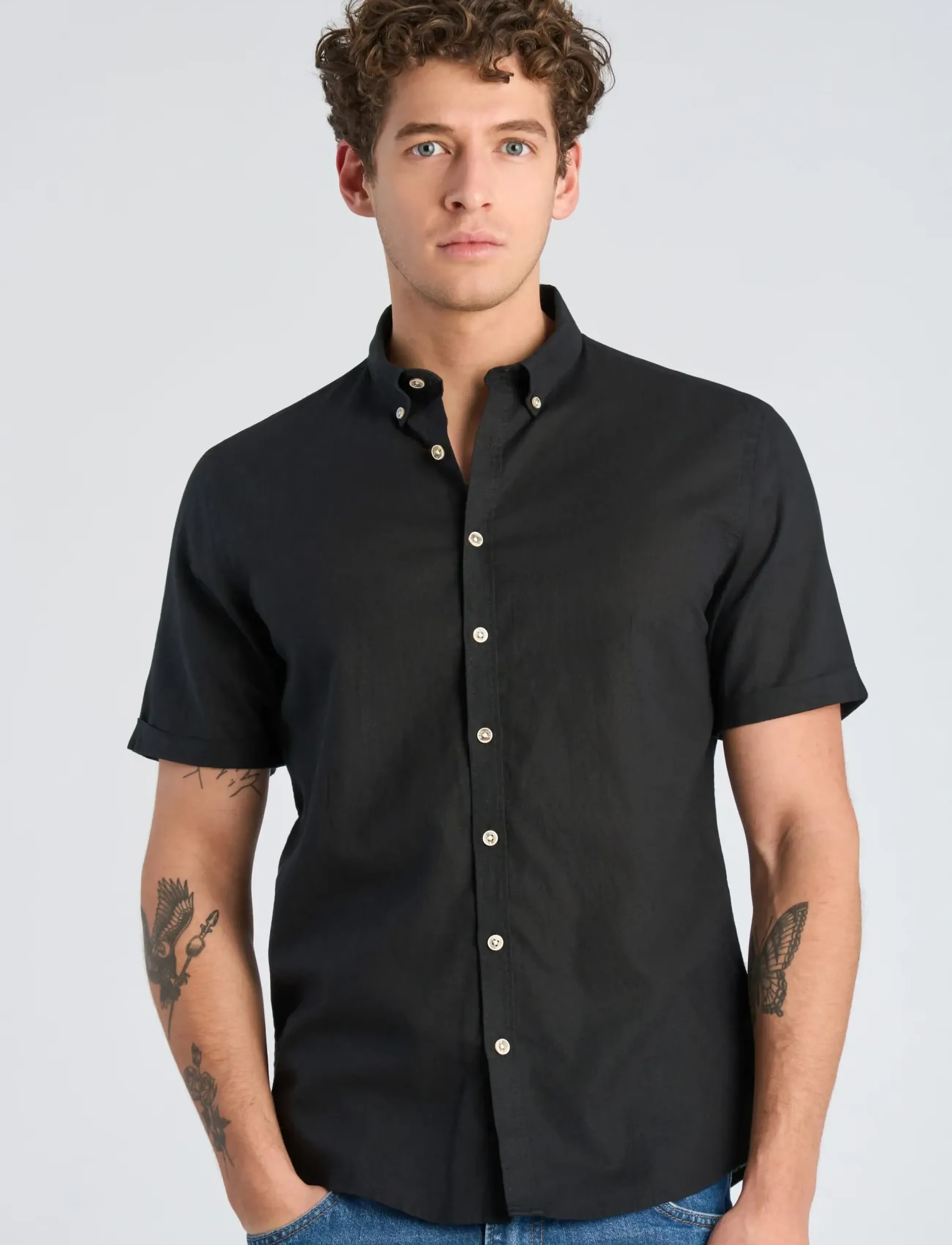 Lindbergh - Cotton/linen shirt S/S - hørskjorter - black - 3