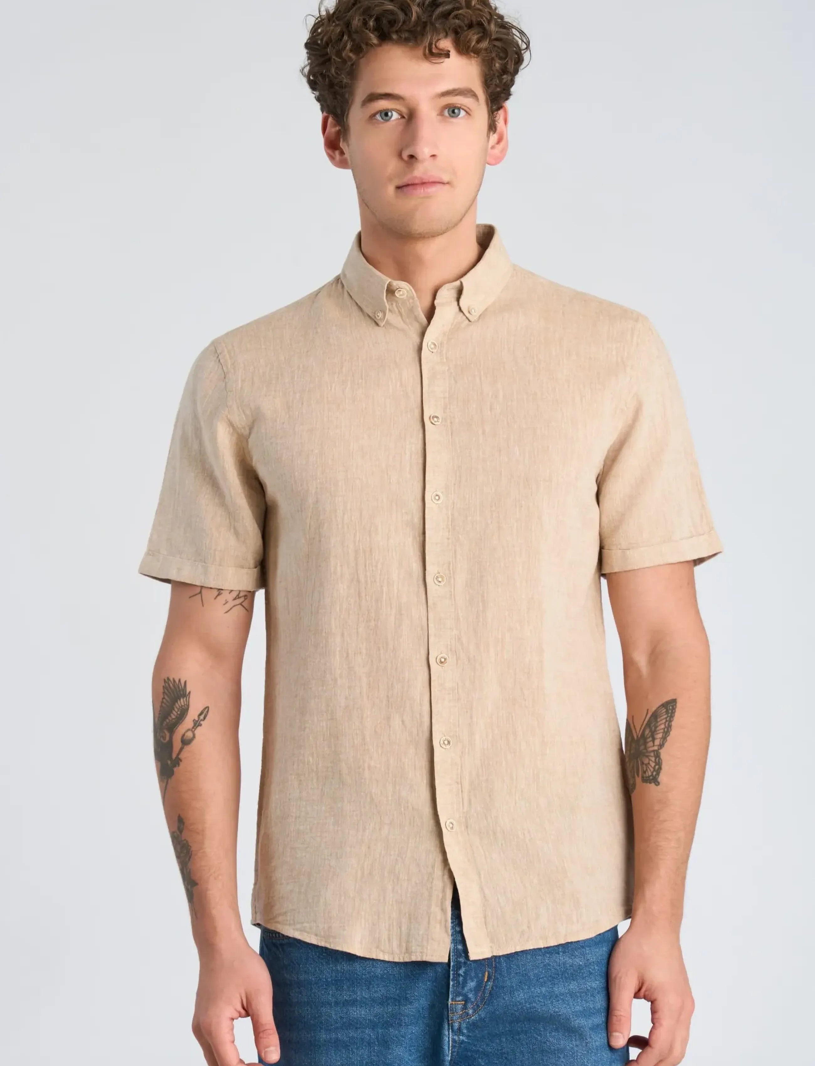 Lindbergh - Cotton/linen shirt S/S - hørskjorter - mid sand - 3