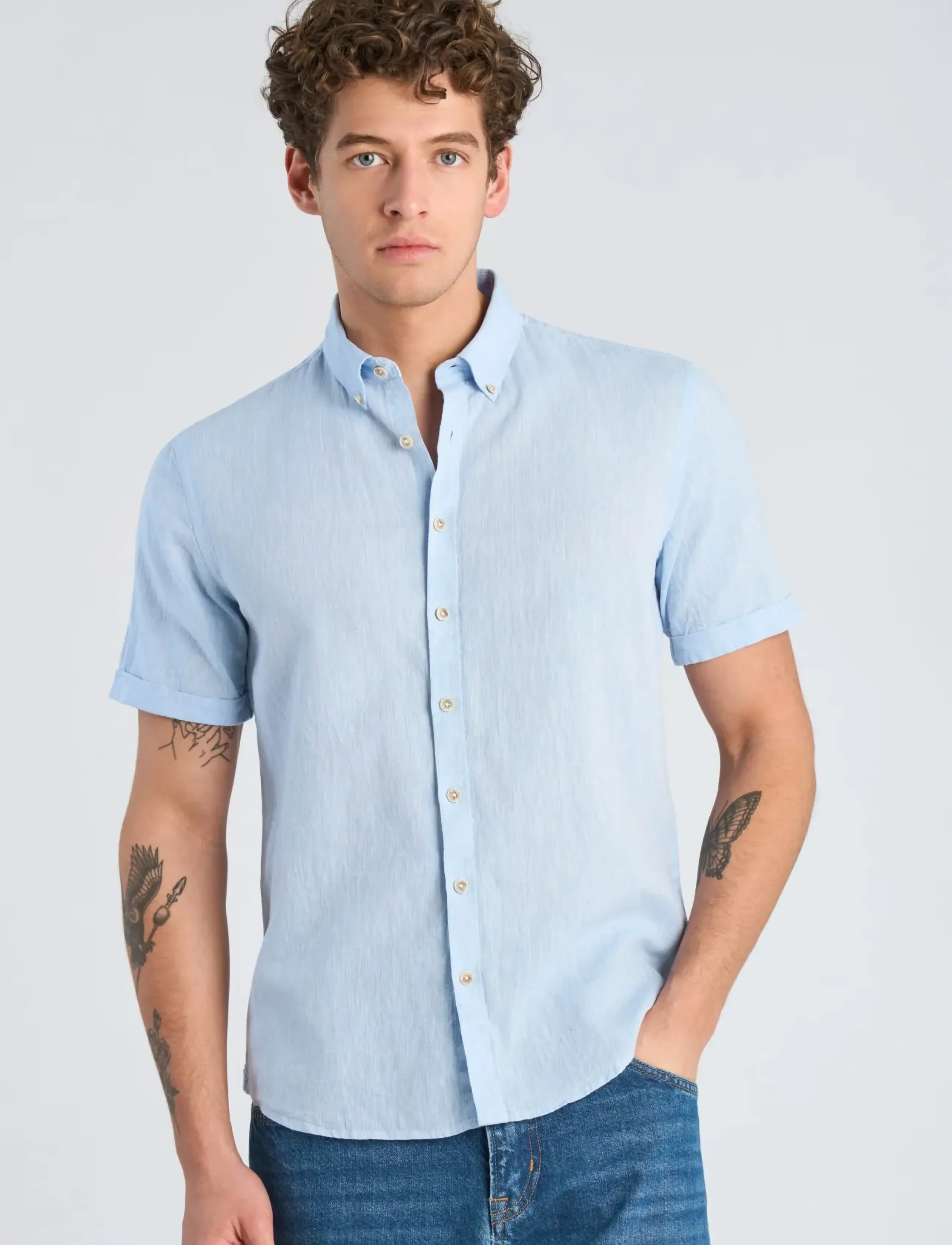 Lindbergh - Cotton/linen shirt S/S - leinenhemden - sky blue - 3