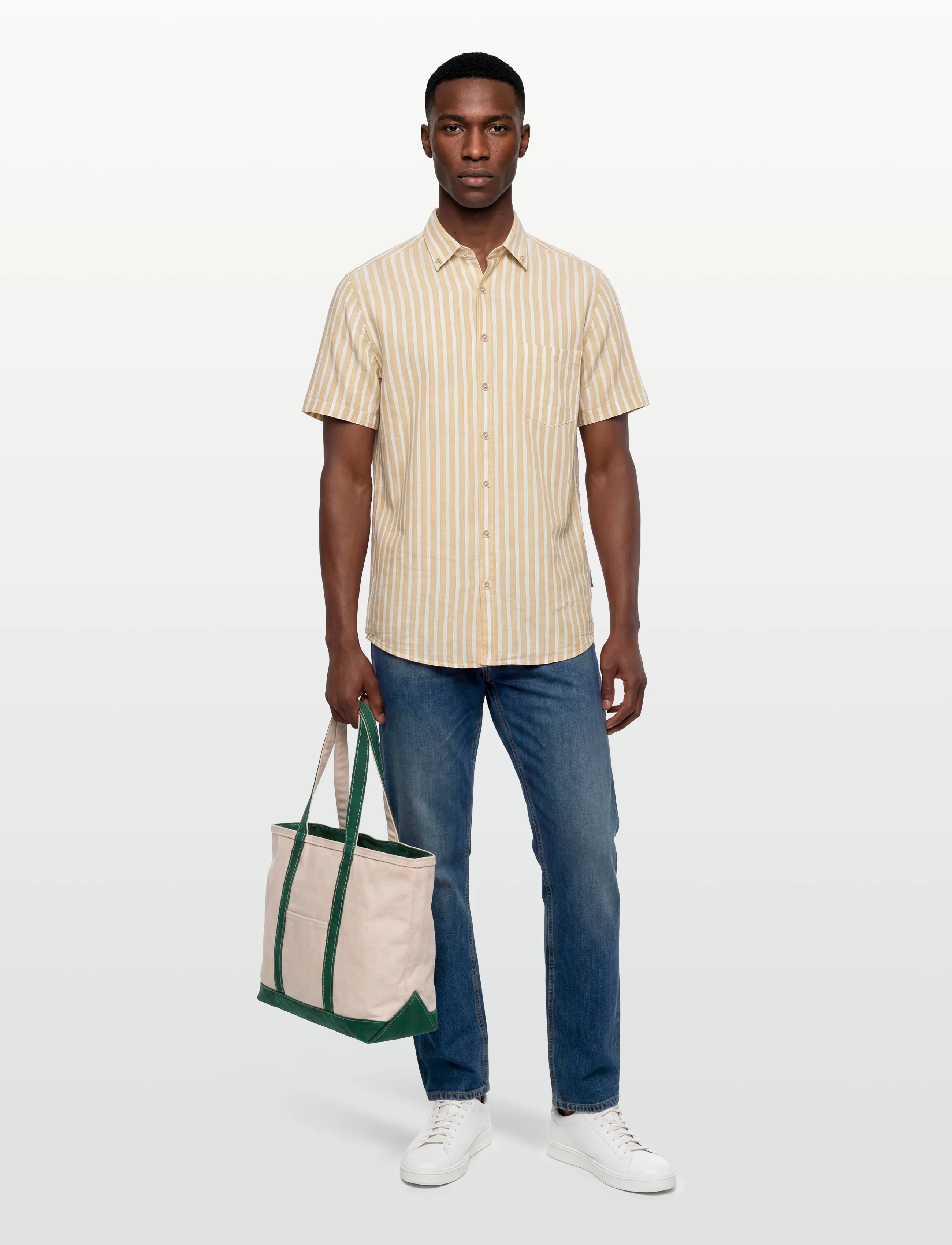 Lindbergh Striped Cotton/Linen Shirt S/Sstriped Cotton/Linen Shirt S/S, XXL, Beige, Skjorter > Kortærmede Shirts, Herre
