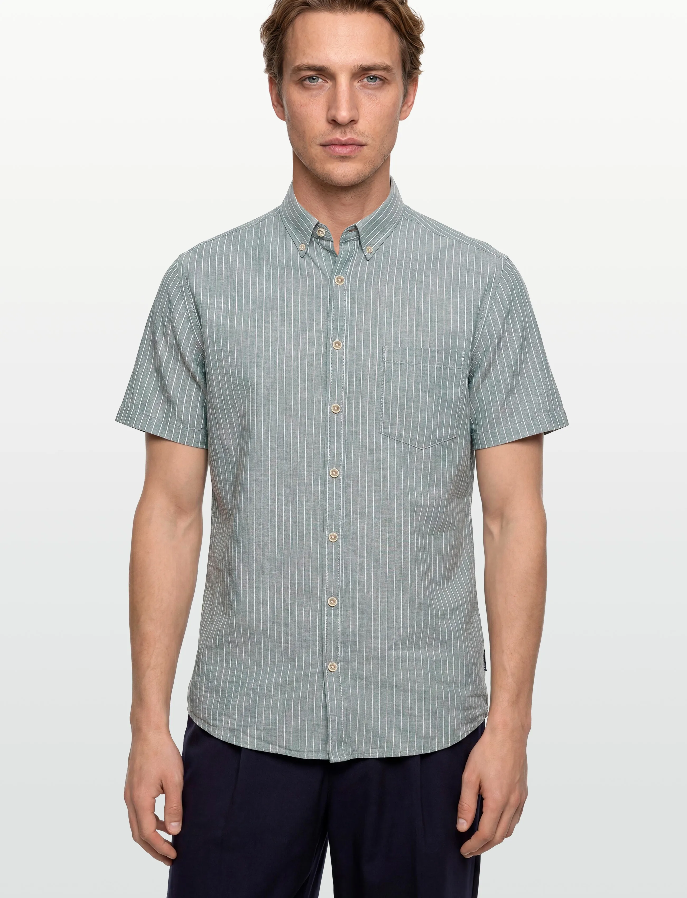 Lindbergh - Cotton/linen shirt S/SCotton/linen shirt S/S - stribede skjorter - faded green - 3