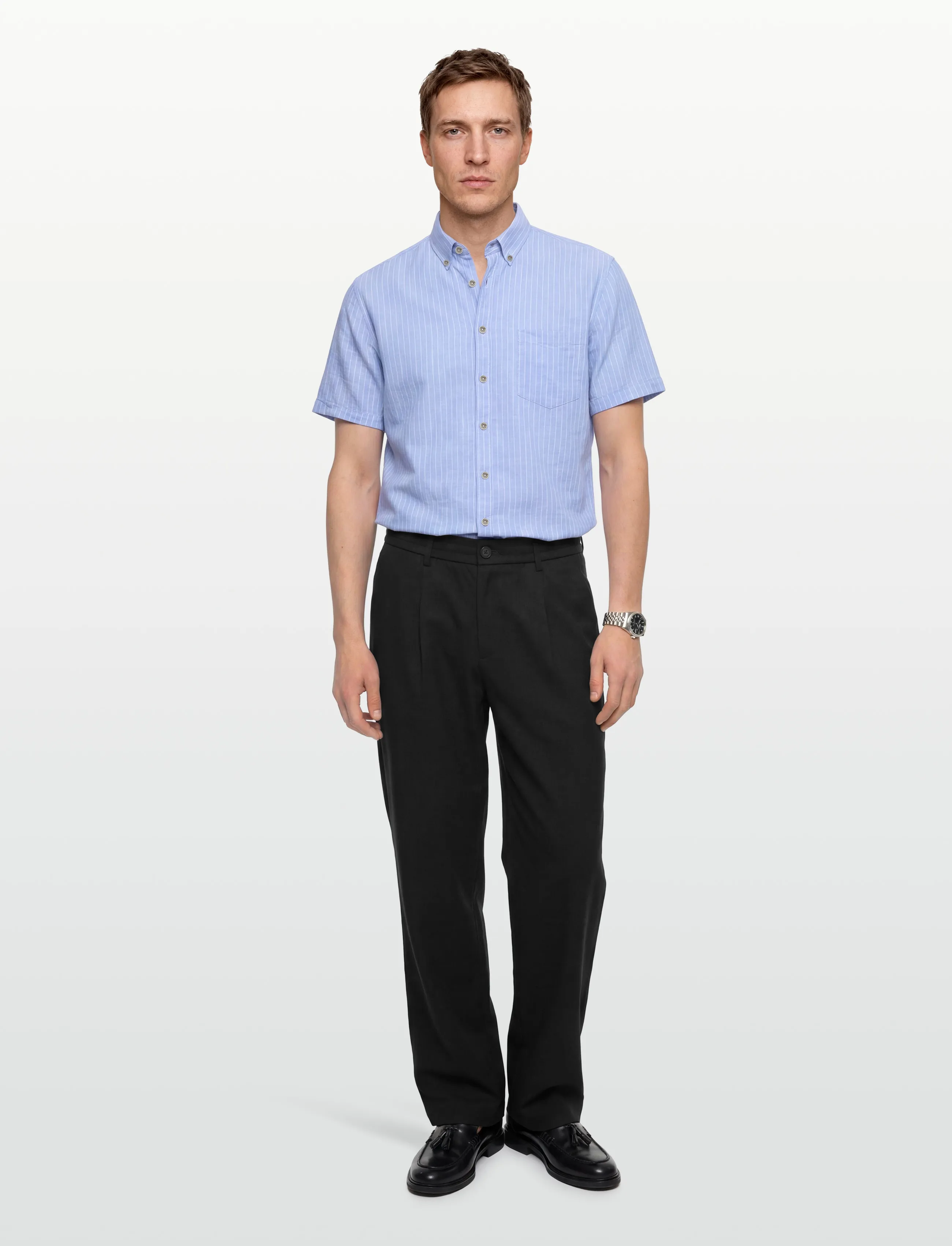 Lindbergh Cotton/Linen Shirt S/Scotton/Linen Shirt S/S, 3XL, Blue, Skjorter > Kortærmede Shirts, Herre