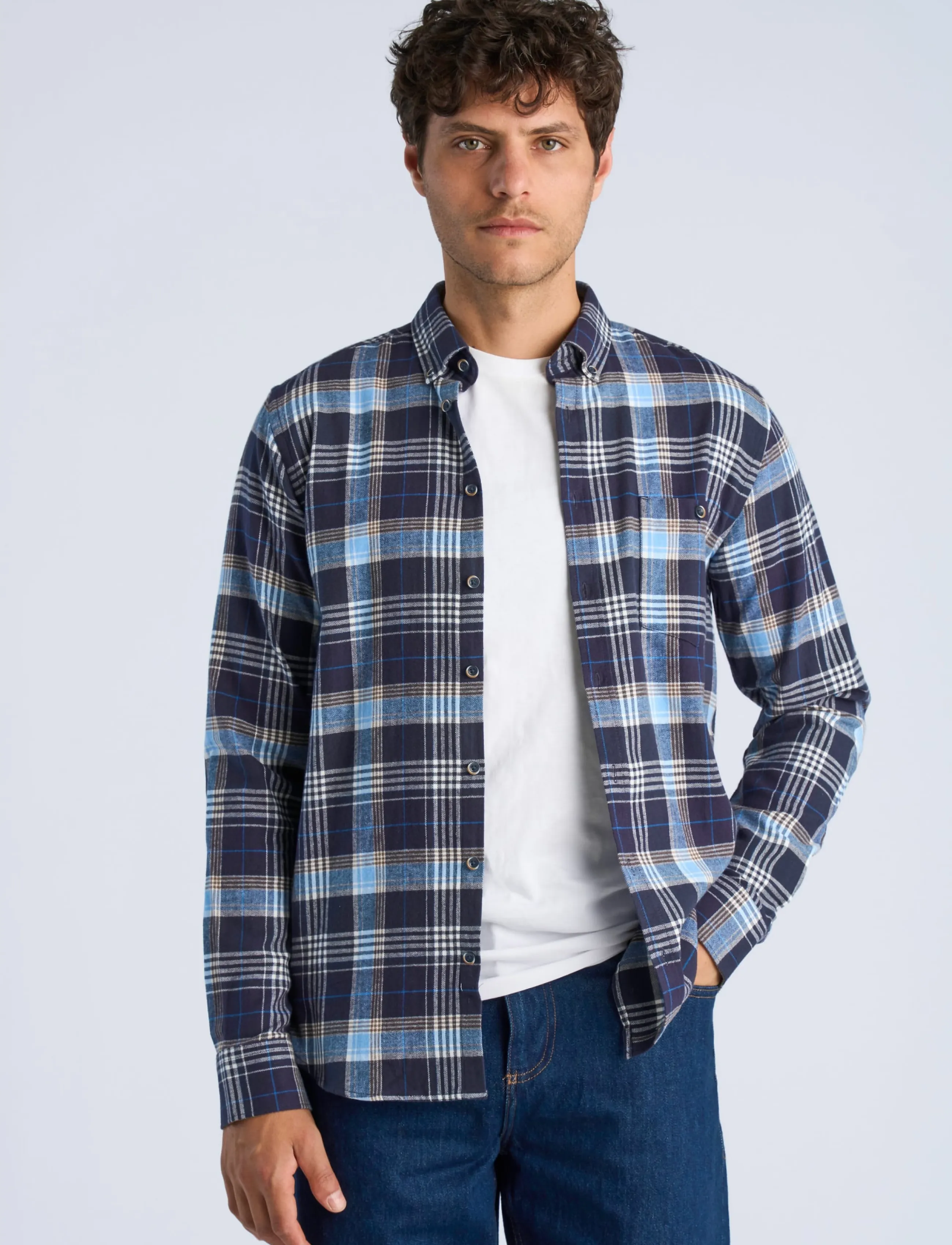 Lindbergh - Large checked brushed shirt L/S - flannel shirts - navy - 3