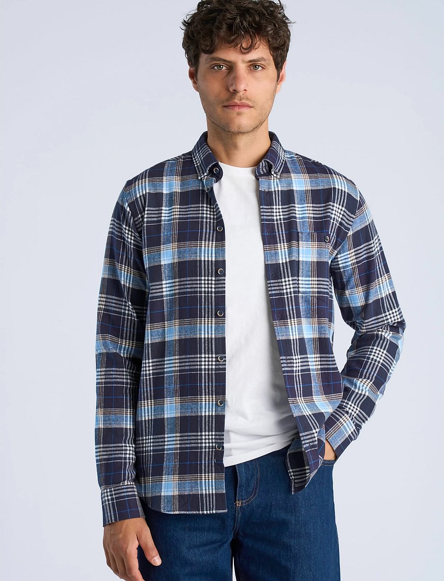 Lindbergh - Large checked brushed shirt L/S - flannel shirts - navy - 3