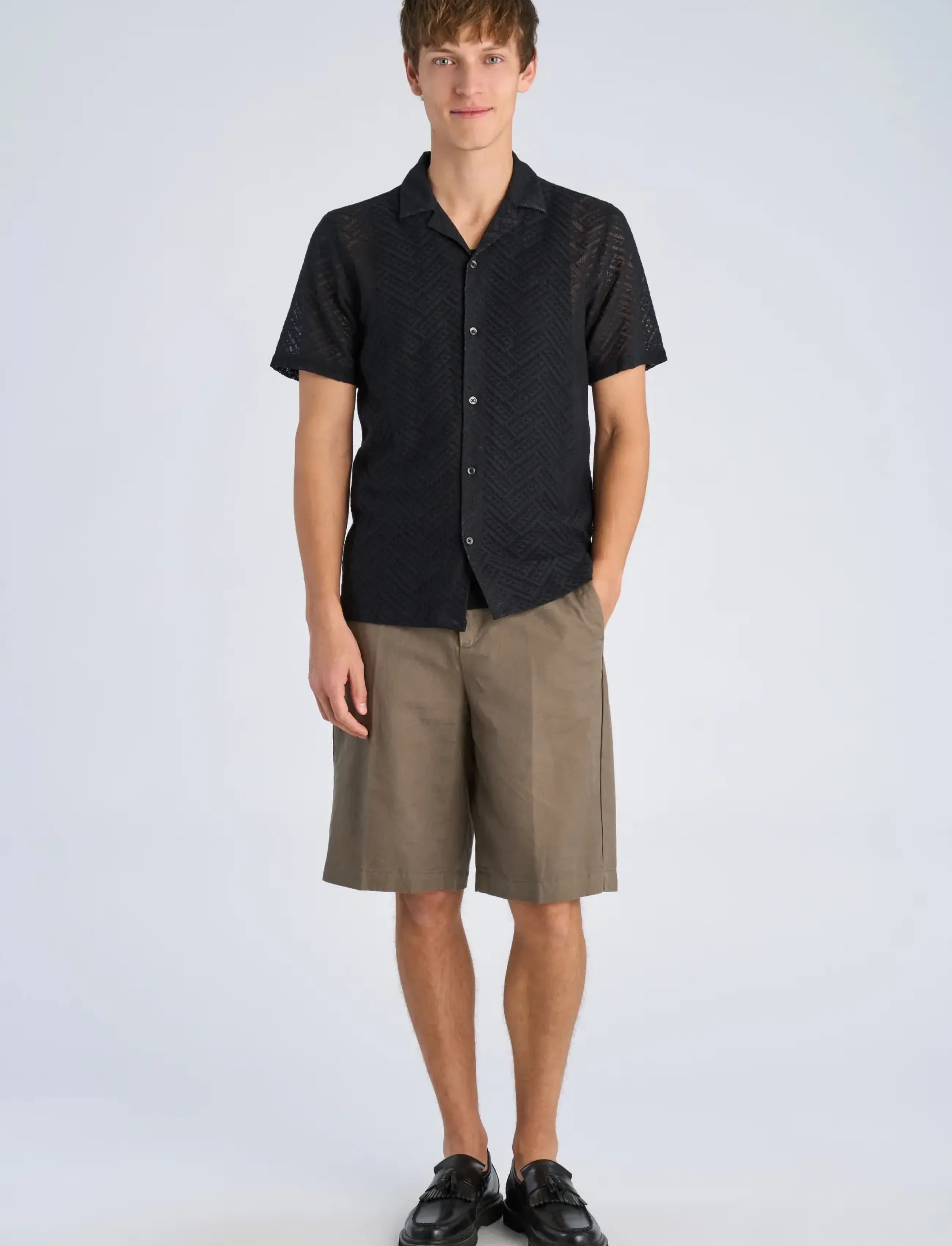 Lindbergh Texture Resort Shirt S/S, Mænd, Tekstureret Kortærmet Resort Skjorte, Sort, Str: M
