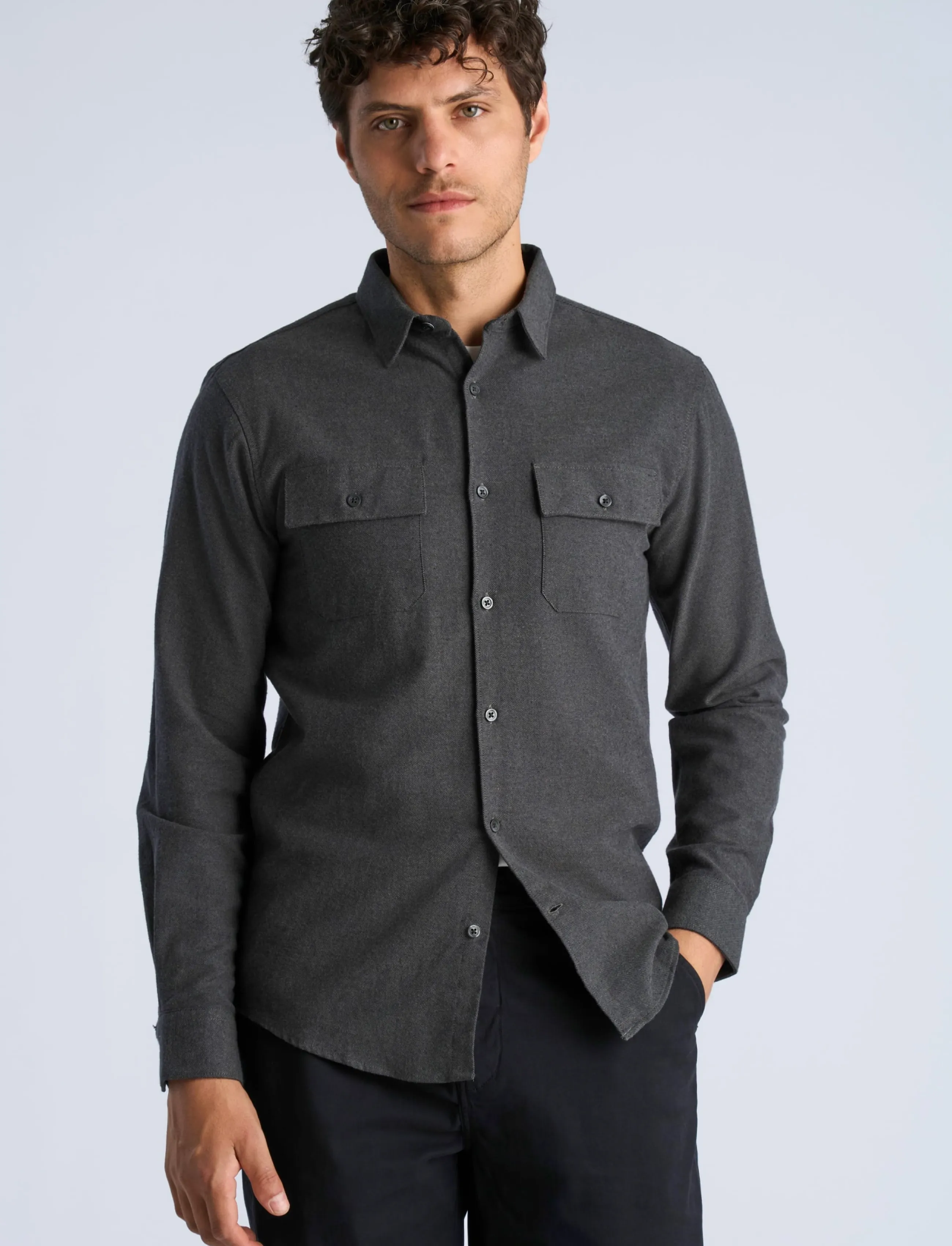 Lindbergh - Brushed cotton shirt L/S - män - dk grey - 3