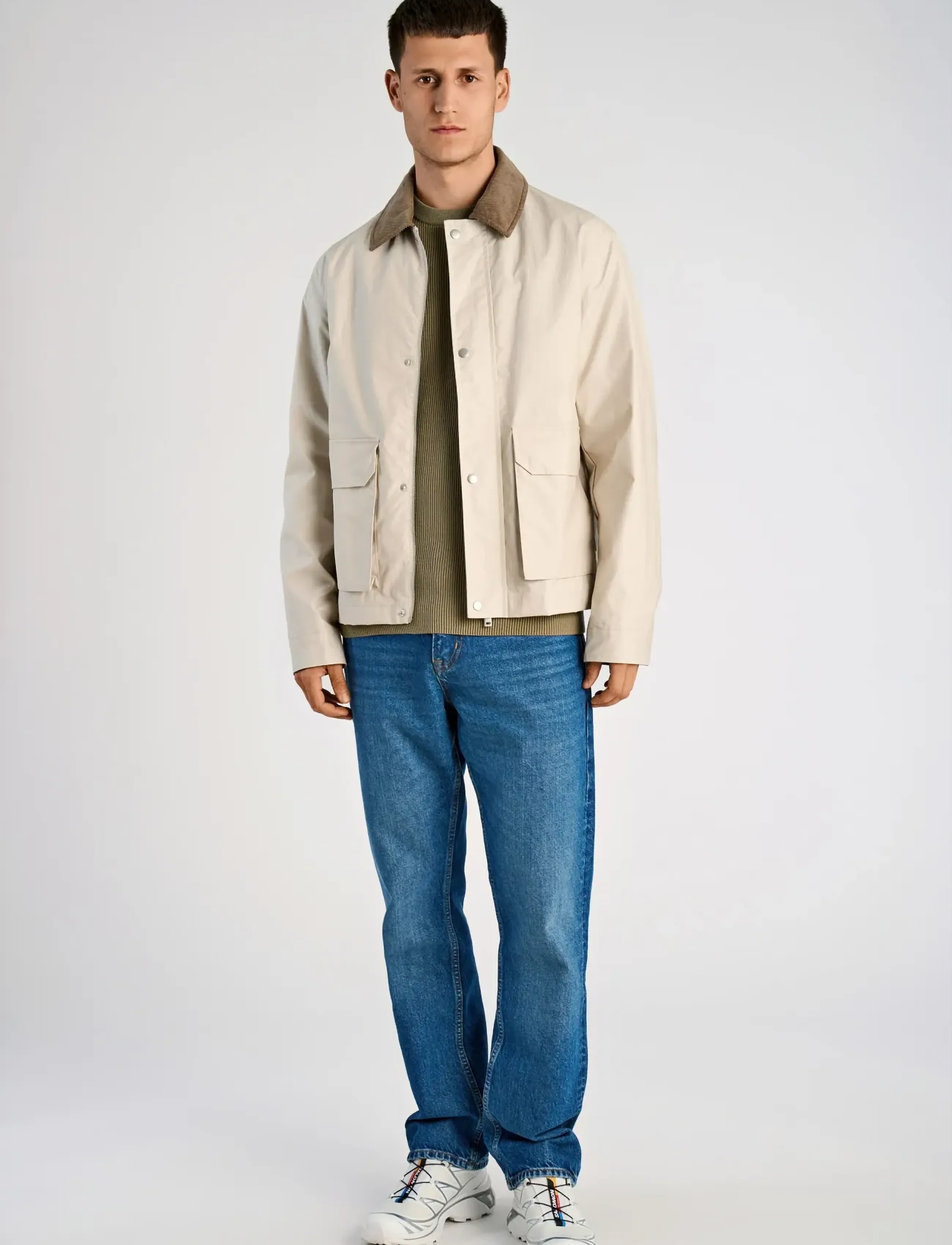 Lindbergh Field jacket with corduroy collar - Frühlingsjacken - LT STONE GREY / cream